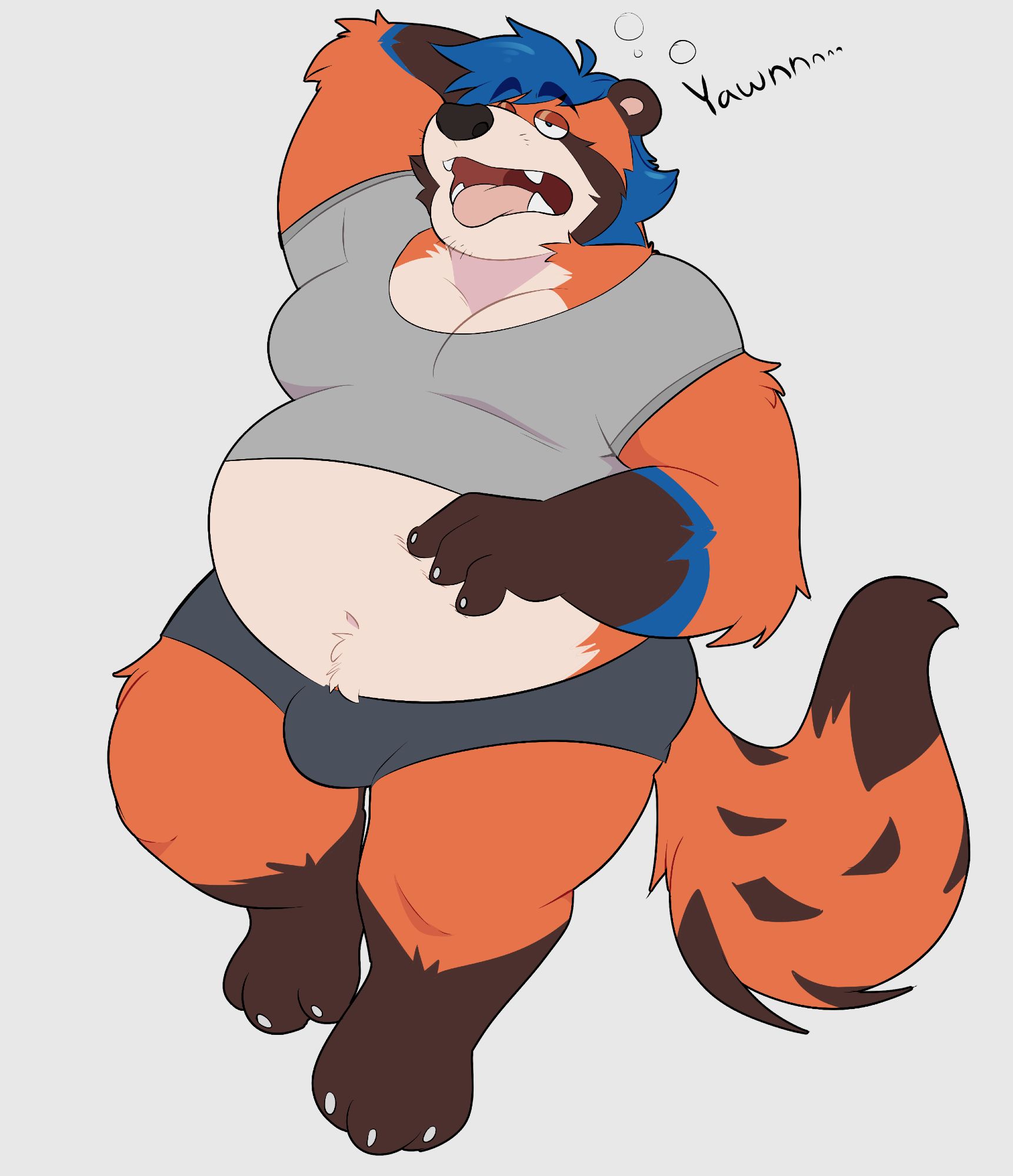 Tec, a large orange foxbear, in a gray tshirt and underwear, absentmindedly scratching his exposed belly while yawning. His expression is drowsy and oblivious to his surroundings. Art by Hungry_Pumahh on Twitter.