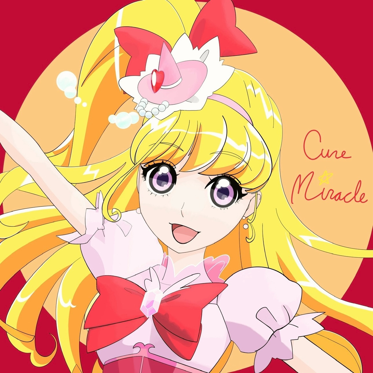 Screenshot redraw of Cure Miracle from the first ending dance sequence of Mahoutsukai Precure, she is posed in the center & smiling with the words “Cure Miracle” written in cursive on her left