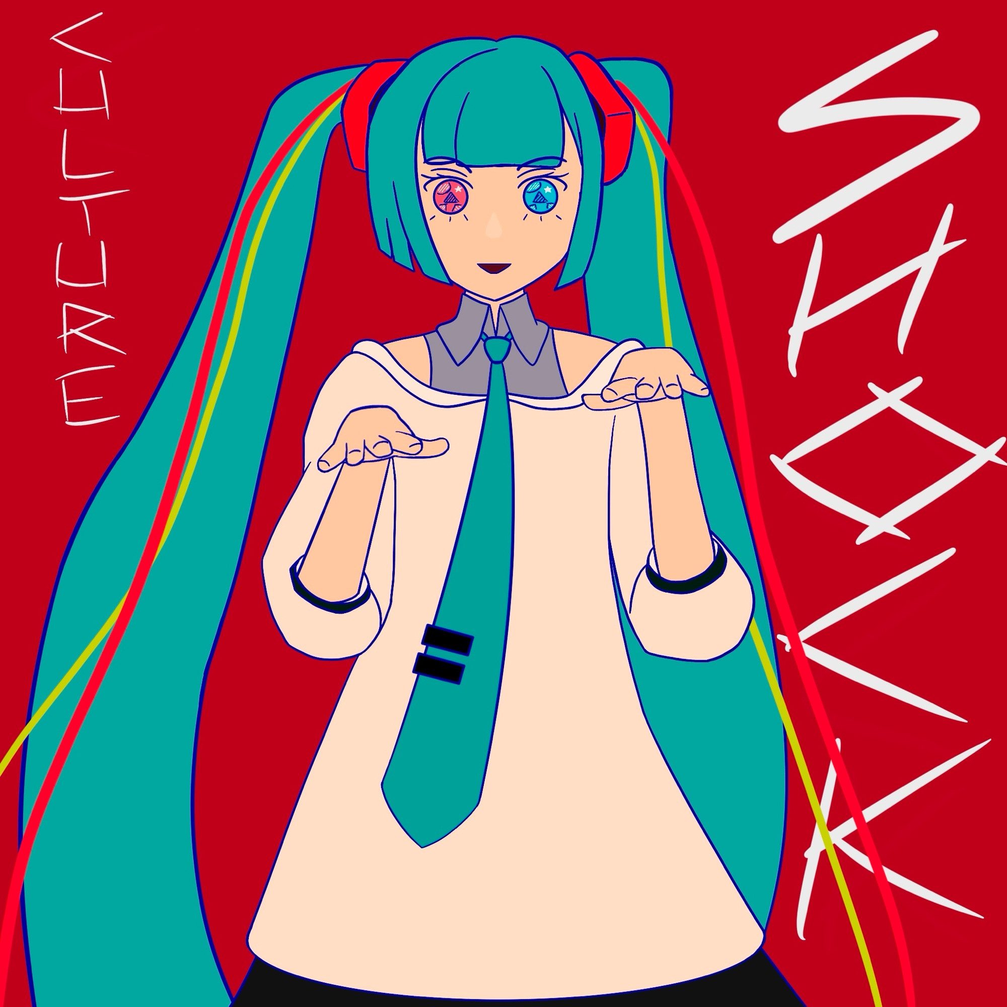 Hatsune Miku on a red background wearing a large cream sweater over a gray sleeveless shirt with a long green tie. Her twin tails have red ornaments with long red & green strings cascading down each section of hair. Her eyes are red & blue respectively & her forearms are raised to her shoulders, making the hands front-facing. She is surrounded by stylized text that reads “Culture Shock”