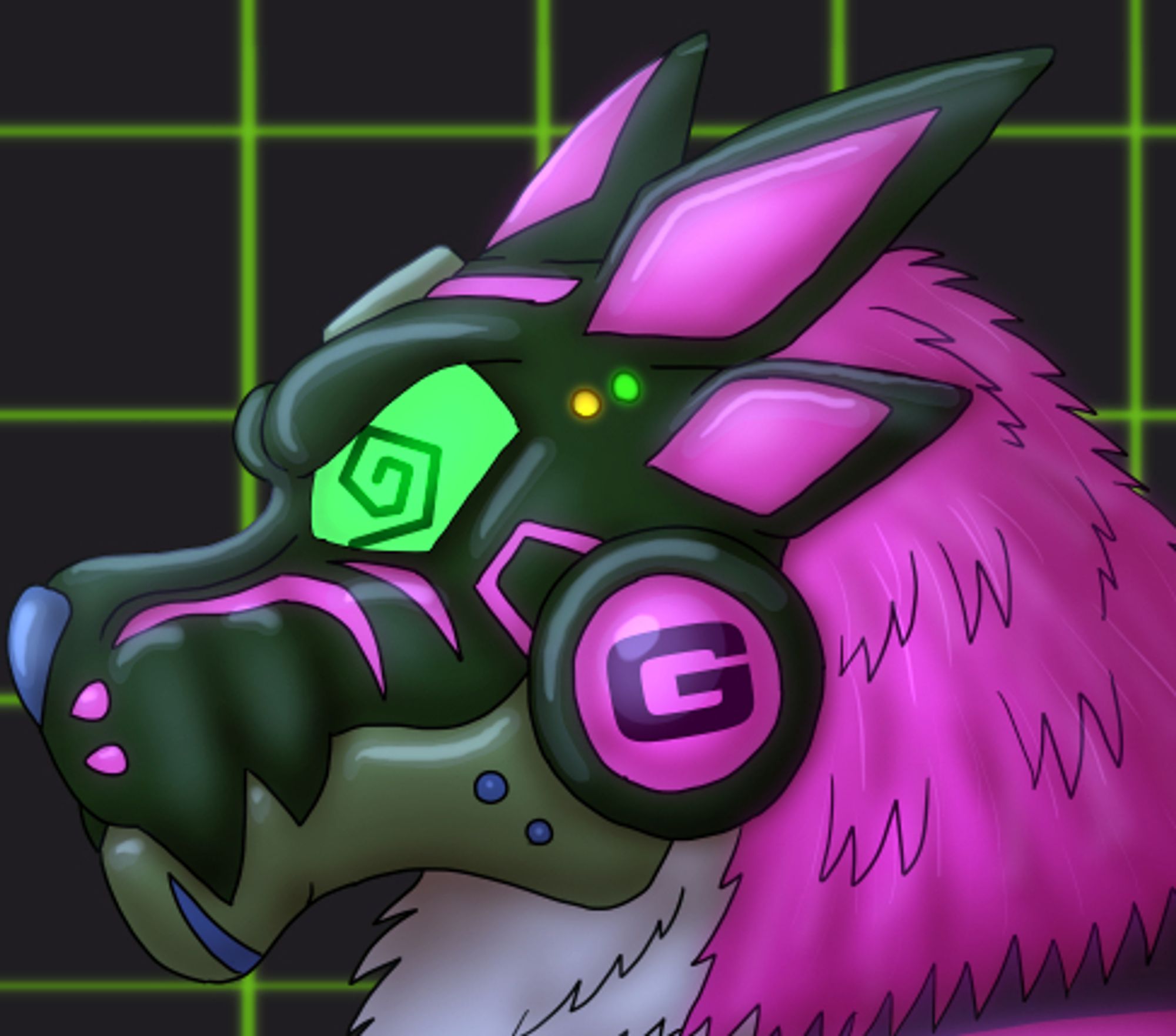 The face of a pinkish-purplish computer werewolf.  His green eyes are now dizzy spirals.