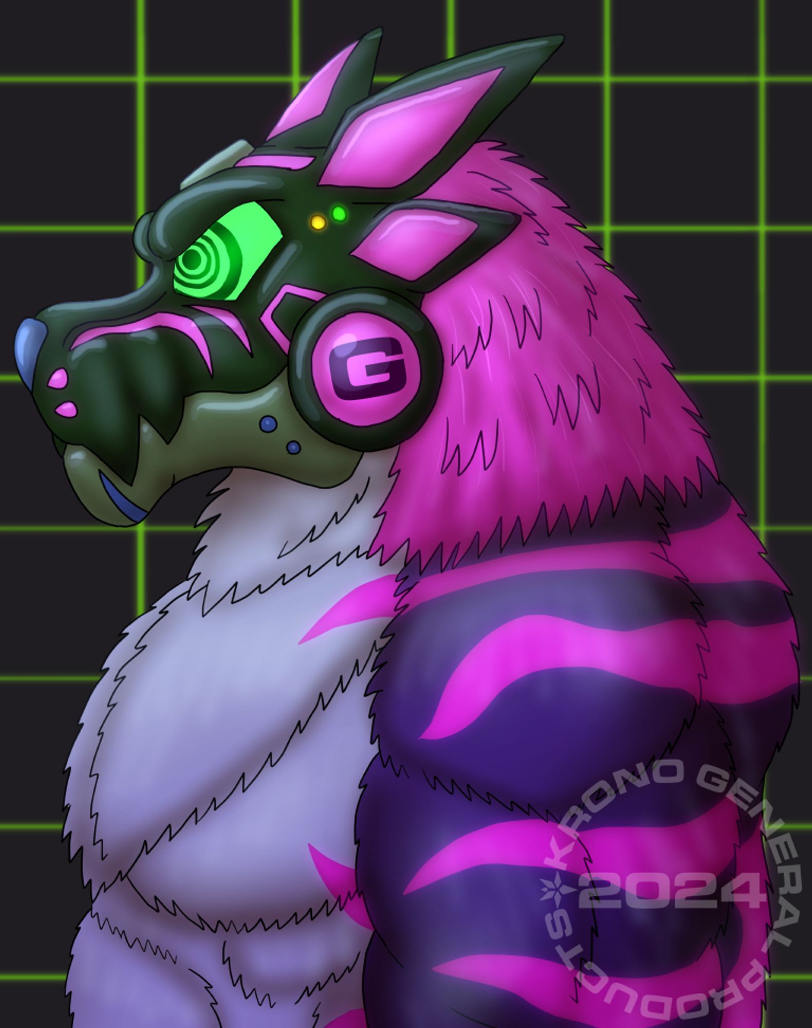 A drawing of a pinkish-purplish cyberwolf with glowing green eyes and and armored face.