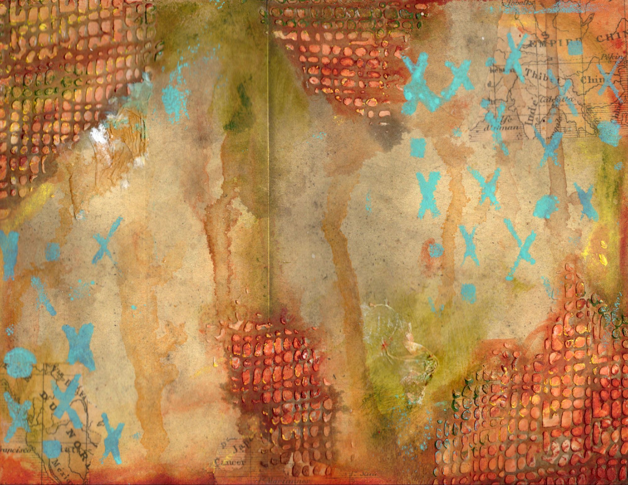 background page #3: autumn colors; stenciled areas with texture paste, colored with watercolors & ink. Stencils of Xs and dots made with acrylic paint in color: salvaged patina. The substrate was a printed digital on cardstock that I recently got as an extra in an ephemera box.