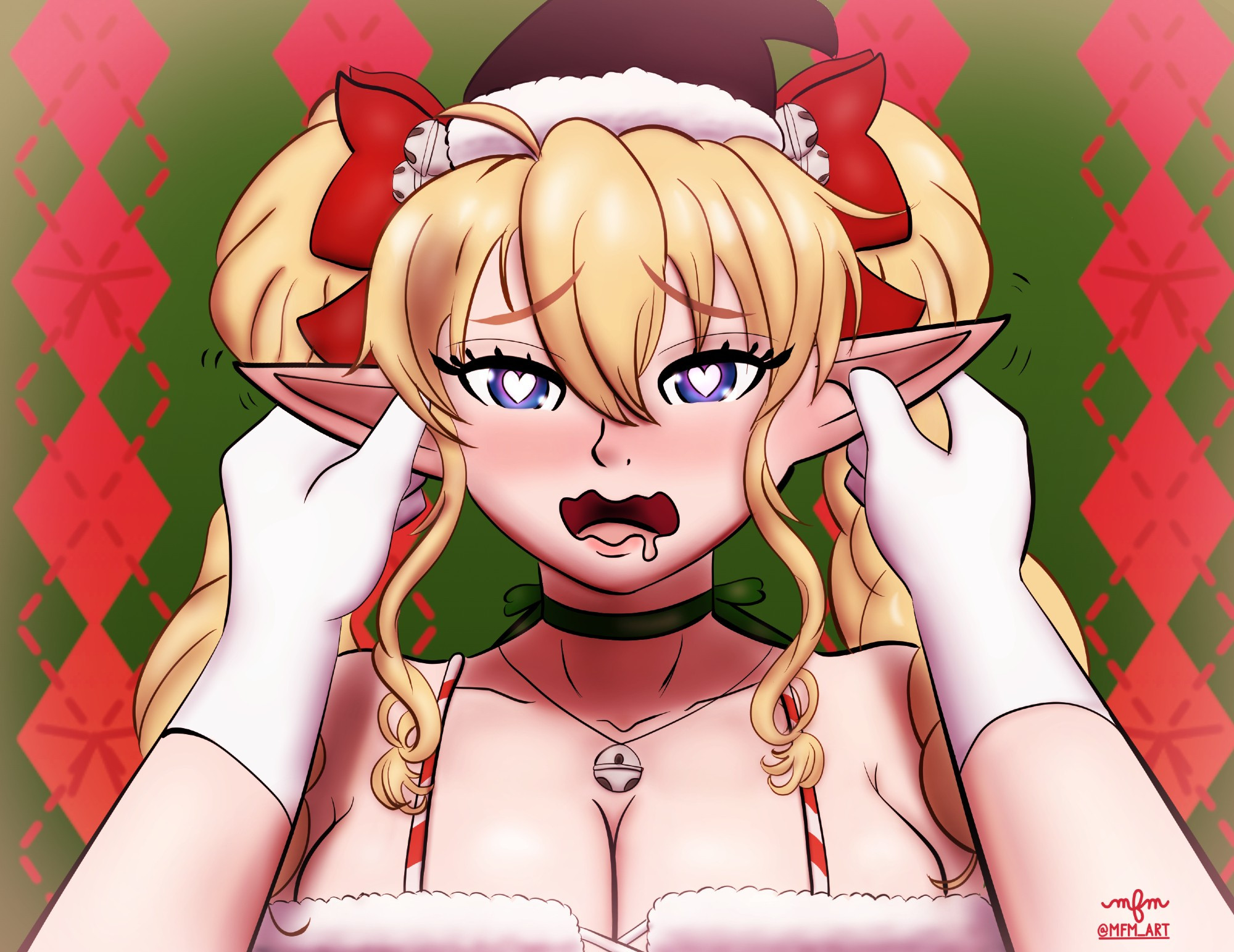 Elf girl with twintails and black santa hat has her ears rubbed.