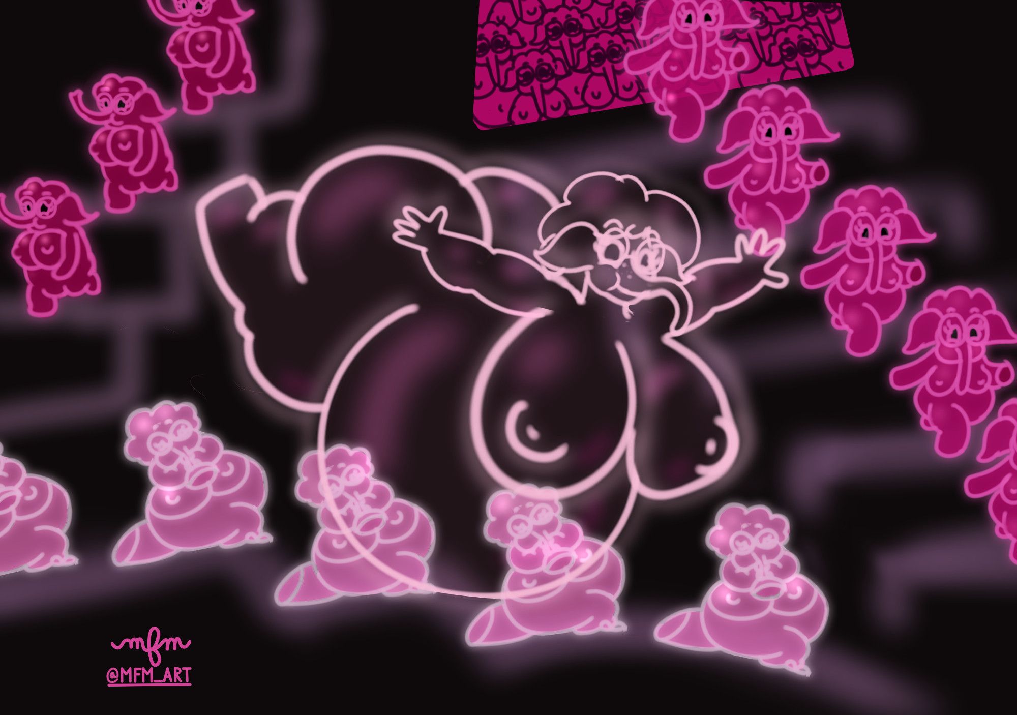 Stout nude elephant girls with round bodies and breasts march around surreal staircases as they play their trunks as trumpets. They have frizzy hair, glasses, and their bodies are bubbly bright pink.
The surreal background is reminiscent of the Pink Elephants on Parade sequence from Dumbo with abstract stairs and walkways crisscrossing around as these surreal elephants march around. A large transparent bubble version of the elephant girl floats in the middle with a big inflated body.