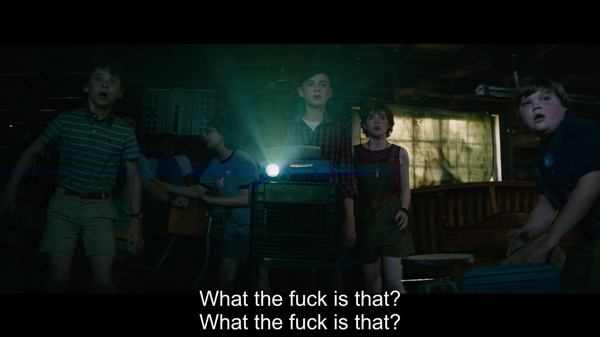 It (2017). The kids in a garage with a slide projector staring at the screen (not pictured) in shock. The subtitles read, "What the fuck is that? What the fuck is that?"