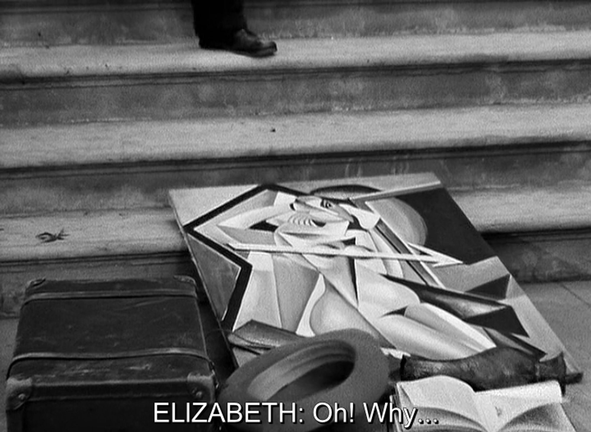 Three Cornered Moon (1933). At the foot of the steps to an apartment building, a suitcase, a hat, a book and a cubist painting.