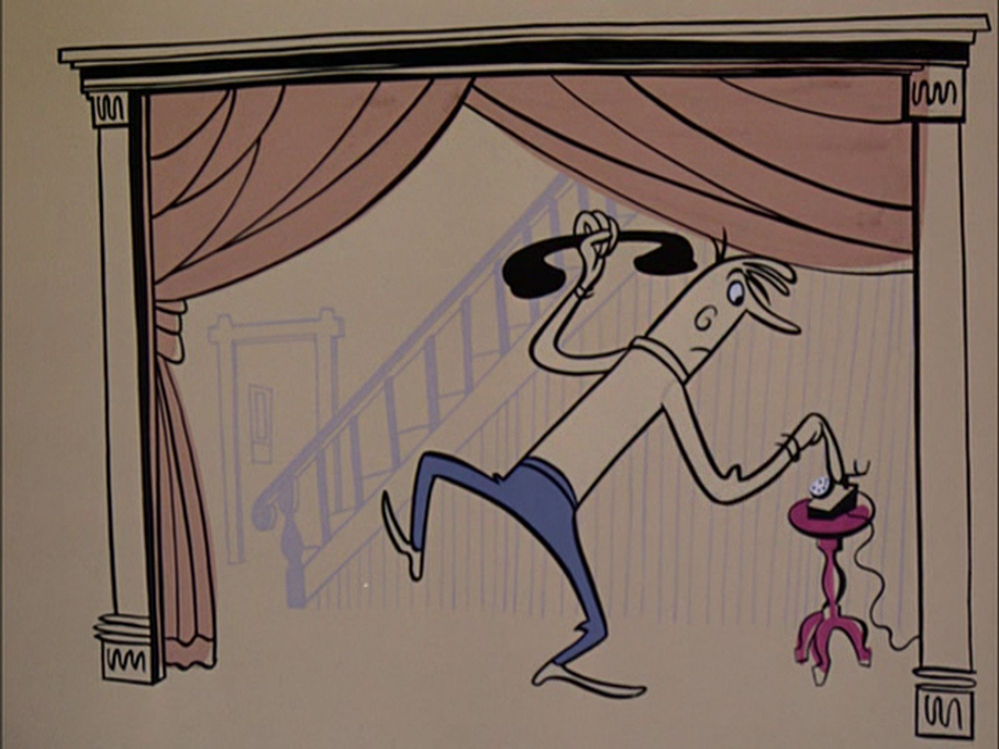 Still from Gerald McBoing Boing. Gerald's dad is dialing a phone on a small red stand. In the background, a staircase and the front door are sketched in low-contrast purple line work. The scene is framed by a cased opening (a "doorway" with no door) with a tied back red curtain.