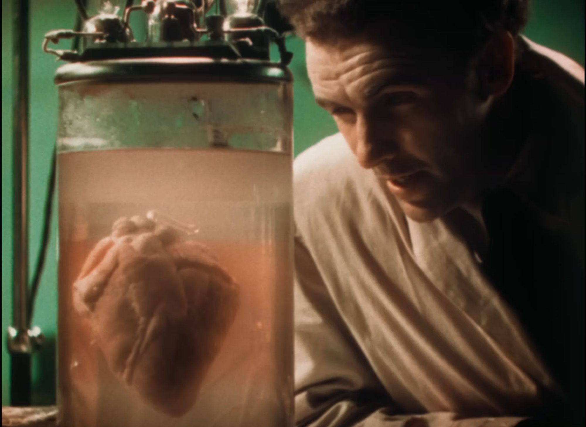 Still of a labcoated scientist leaning over to study a heart suspended in a jar.