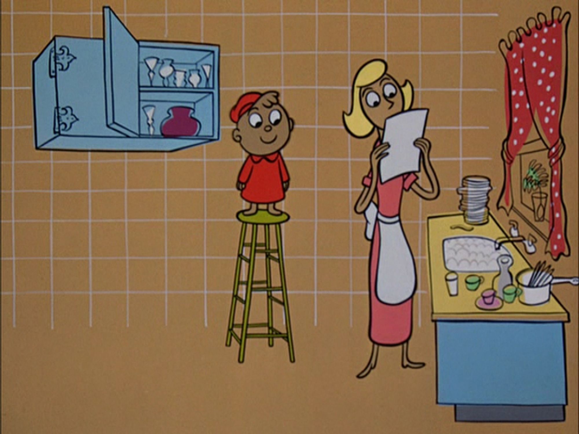 Still from Gerald McBoing Boing. Gerald and his mom in the kitchen. Mom's reading a piece of paper by the sink. Gerald is standing on a tall footstool by an open cabinet. The floor is a solid yellow. The wall is the same color, but with a grid of white lines that suggests tiles