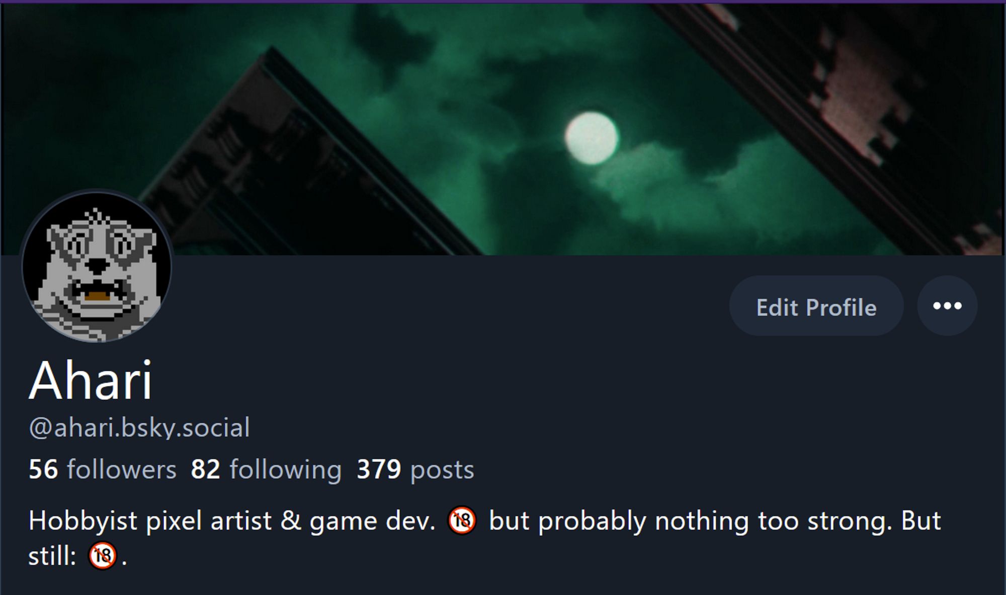 Screencap of my profile header. The icon is now a pixel art version of Smoke Room Nik looking scared and the banner is a still of the full moon hanging in a cloudy green sky, framed on either side by the tops of buildings as seen from the ground