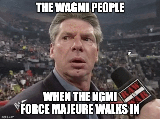 vince mcmahon looks over his shoulder apprehensively, captioned with "the wagmi people when the ngi force majeure walks in"