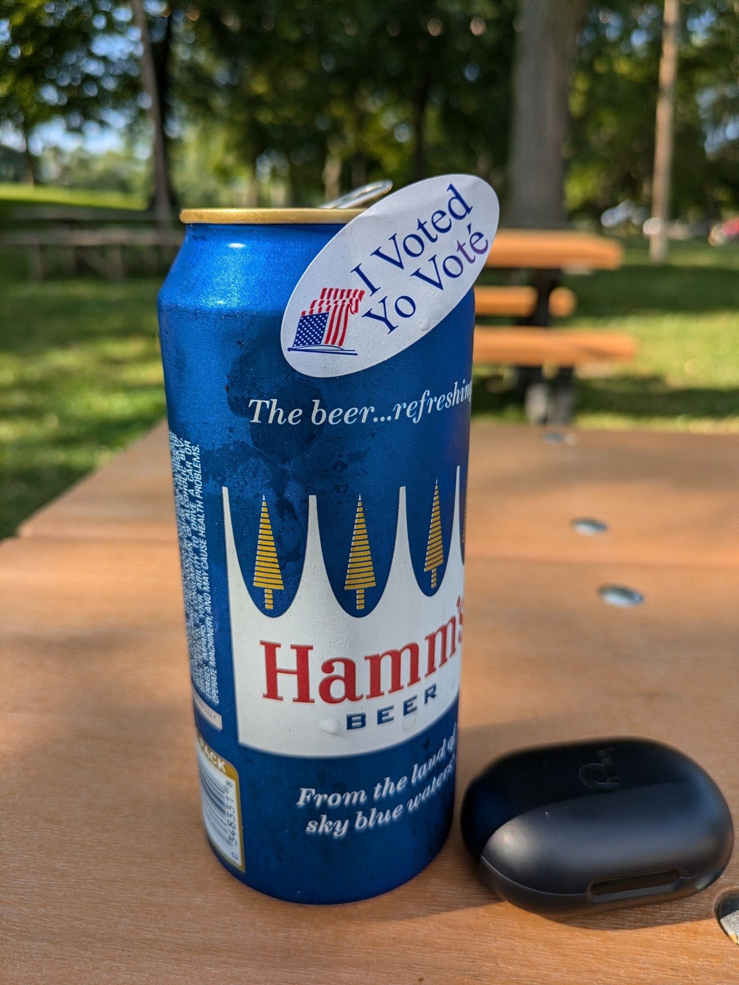 Photo of a can of Hamm's Beer with an "I Voted" sticker on it.