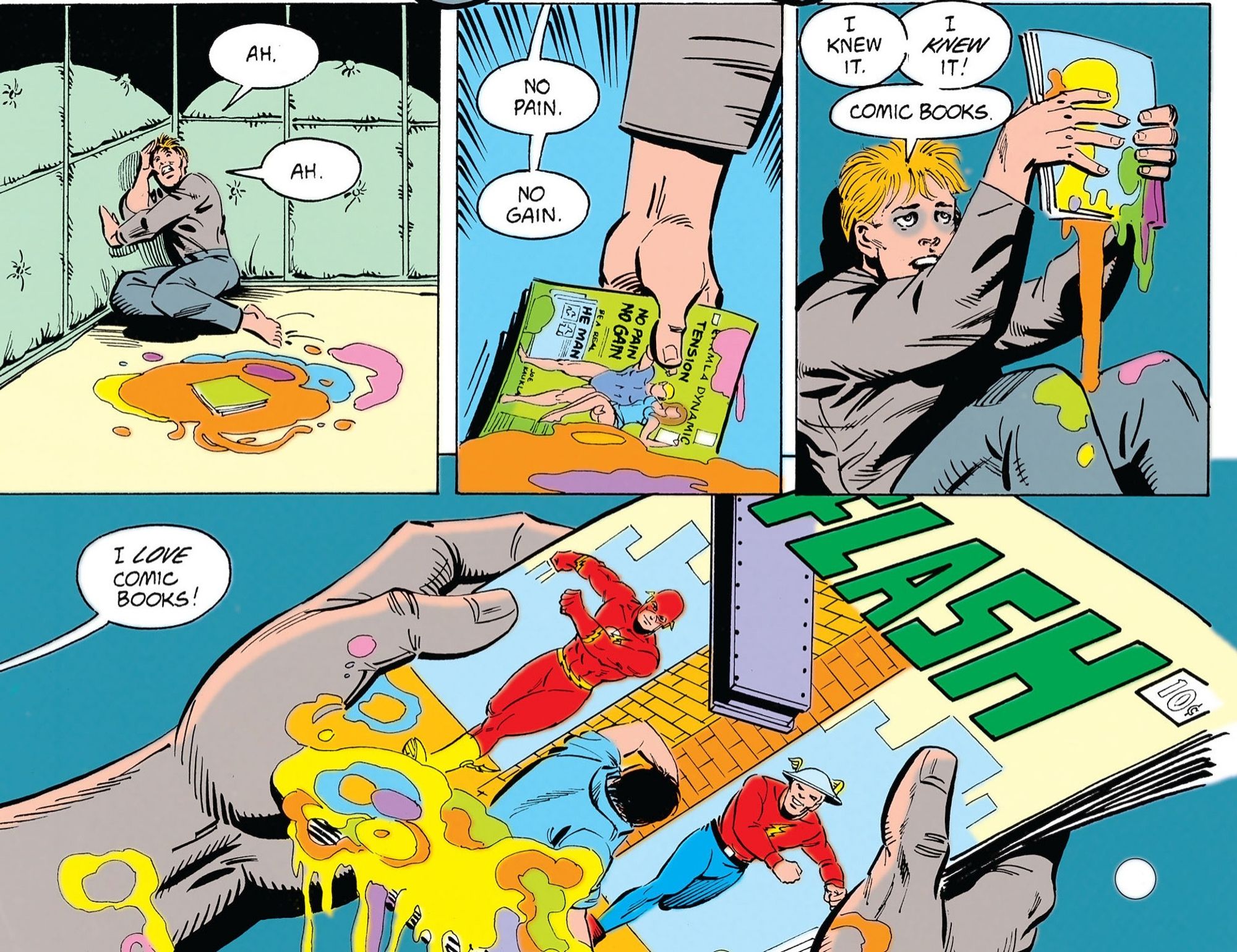 A page from Animal Man by Grant Morrison and Brian Bolland. A character is in a pain, looks into a puddle of goo, and picks up a comic book and while saying "I knew it. I knew it! Comic books. I LOVE comic books!"