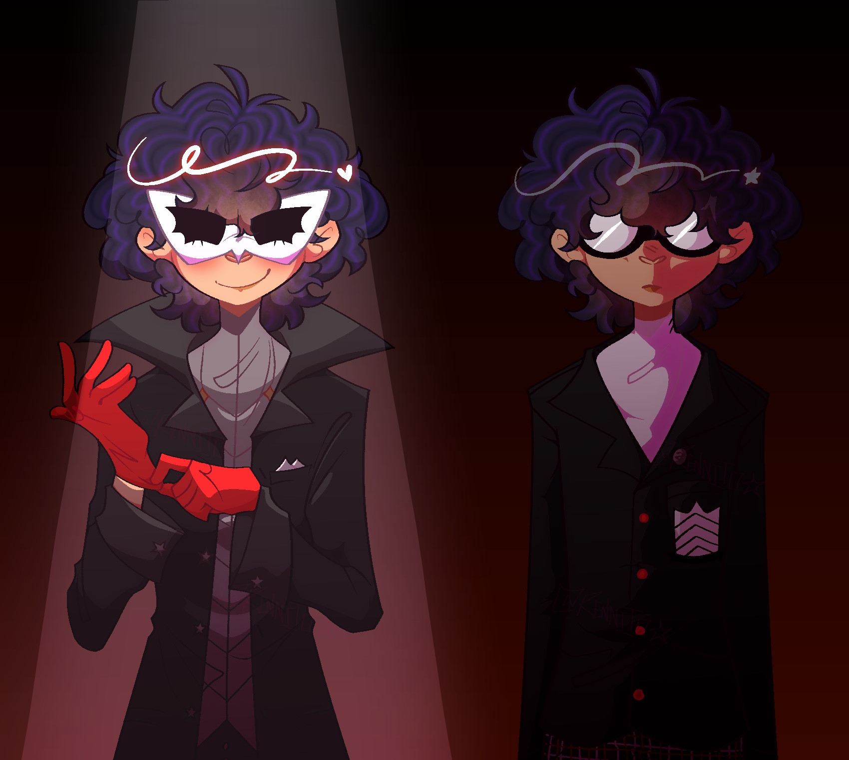 the persona 5 protagonist is present on both the left and right sides of the screen. on the left, joker, in his phantom thief attire, is basking in the light of a spotlight, readjusting one of his red gloves as he smiles at the viewer. on the right, the protagonist wears his school uniform. there is no spotlight, he remains in the dark. his expression is blank, almost a frown, a stark contrast from the left.