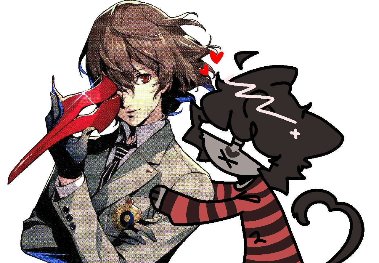 a low effort art piece of renny, a grey and black cat, clad in glasses and a red and black striped sweater, hugging a png of goro akechi from persona 5 royal.