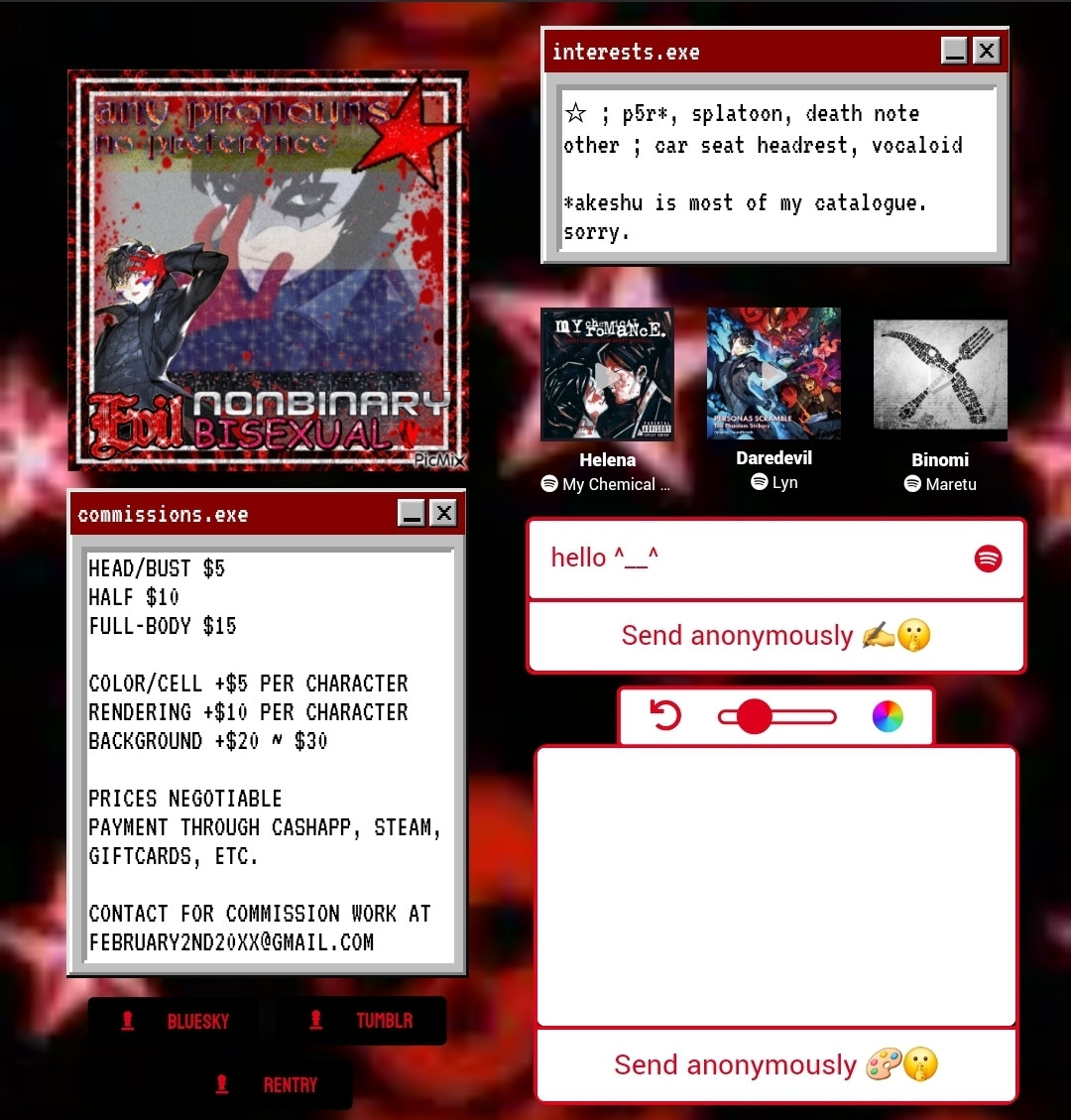 screenshot of shujinkou.straw.page, the site is decorated with black, white and red, mainly. under "interests.exe", text reads "p5r, splatoon, death note. other, car seat headrest, vocaloid". under this, more text is included after an asterisk: "akeshu is most of my catalogue. sorry."
under "commissions.exe", text reads out commission prices. there are buttons for bluesky, tumblr, and rentry below that.