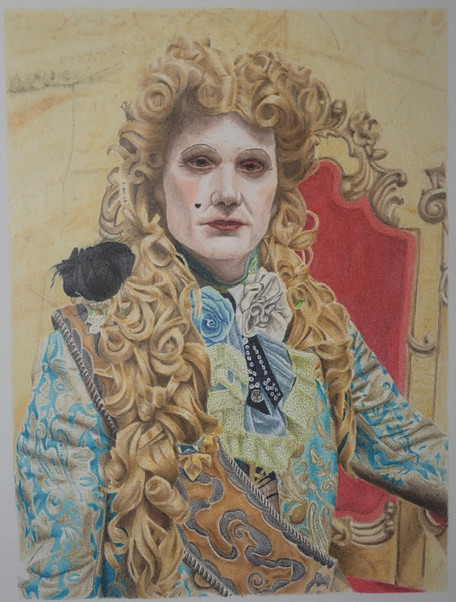 A coloured pencil drawing of Siegfried from OFMD wearing many elaborately textured fabrics and a long, curly wig, sitting on a gold seat with red upholstery.