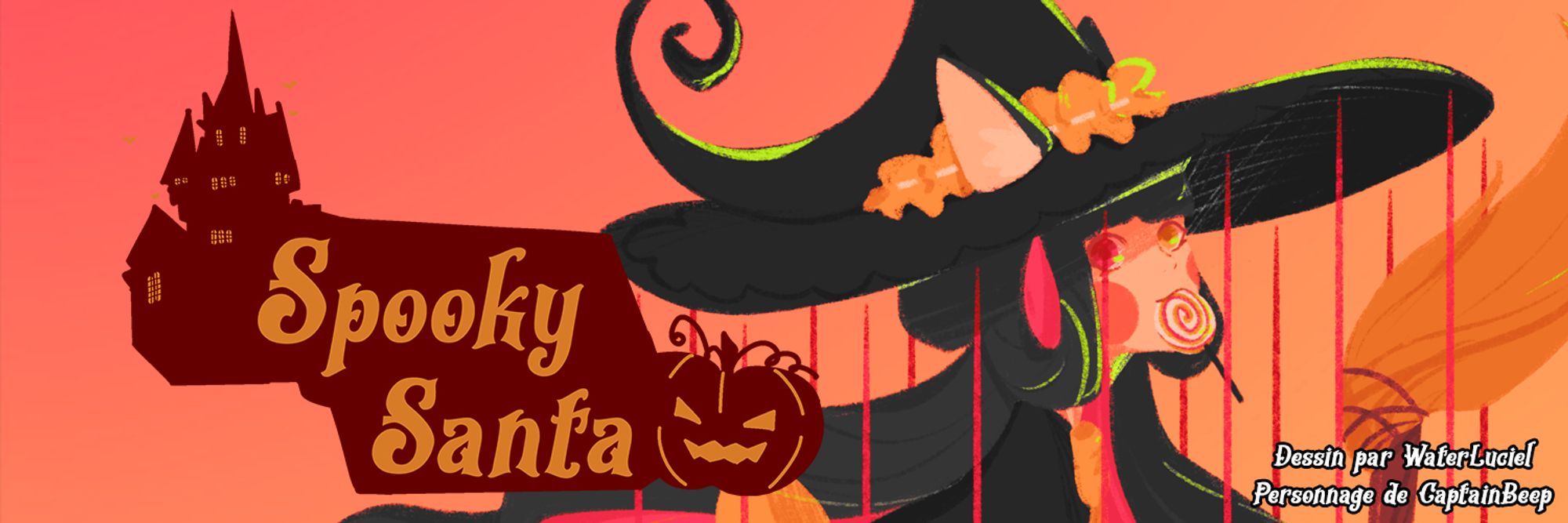 Bannière du Spooky Santa avec le personnage de CaptainBeep dessinée par WaterLuciel
C'est une jeune fille aux cheveux noirs à mèches roses habillée en sorcière tenant un balai dans ses mains et une sucette entre les deux. Elle regarde le spectateur innocemment.