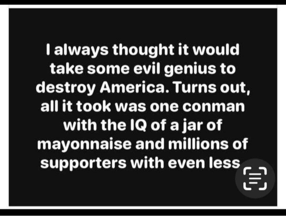 I always thought it would take some evil genius to destroy America.
Turns out, all it took was one conman with the IQ of a jar of mayonnaise & millions of supporters with even less.