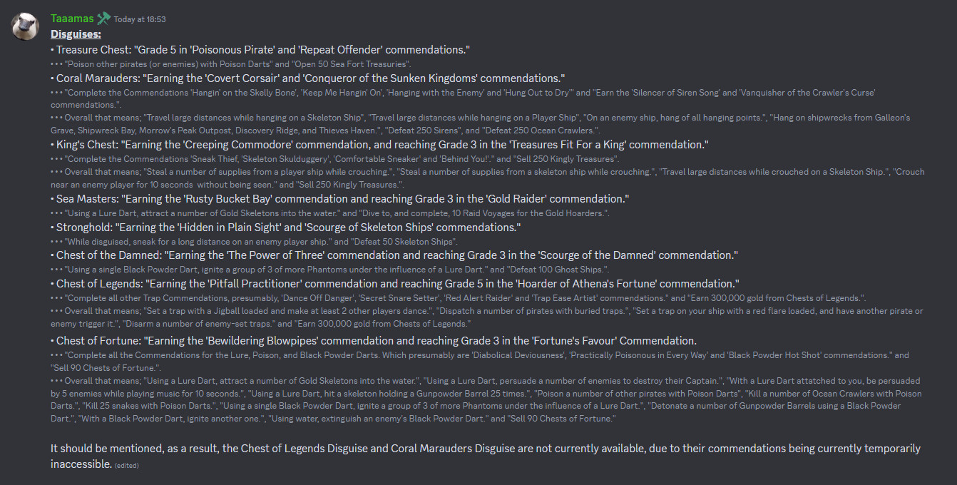 Discord screenshot of a list, sent by me, of all the commendations and the commendation requirements, for each of the Disguise chests in-game. The list is way too long to fit into any sort of Alt Text, it's just long, and goes through various activities of Blowpipe, Grapple Gun, hiding and such.