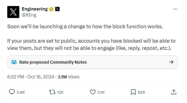 Screenshot from an official Twitter account, the Engineering account, saying "Soon we'll be launching a change to how the block function works."
"If your posts are set to public, accounts you have blocked will be able to view them, but they will not be able to engage."