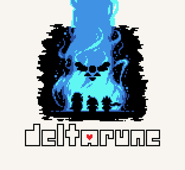 Pixel Art of a giant roaring blue tower of blue flames, with three character silhouettes below, and a Deltarune emblem in silhouette in the middle of this tower. The title "delta-rune" sits at the bottom.