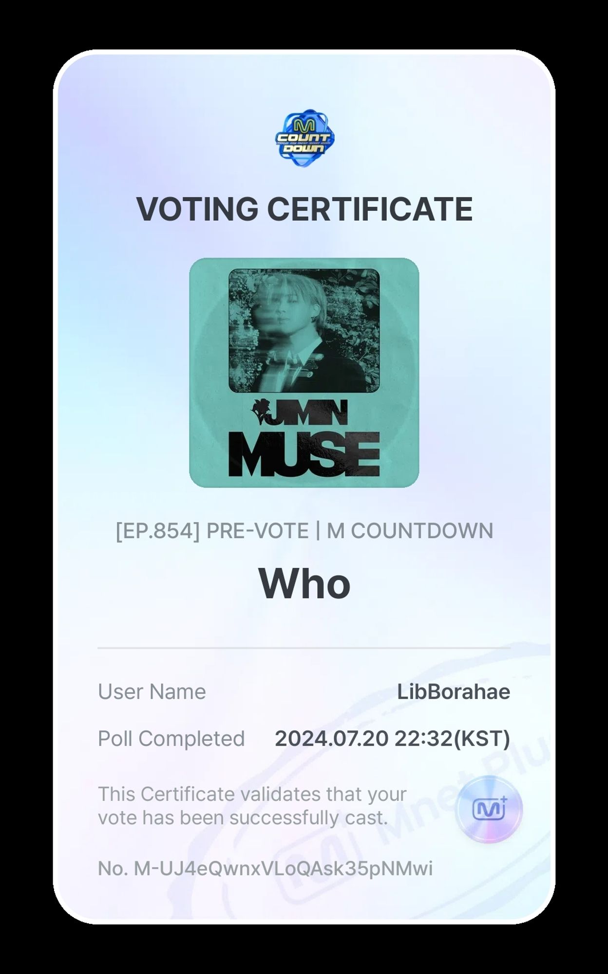 Screengrab from Mnet App:
Voting Certificate 
Who by Jimin