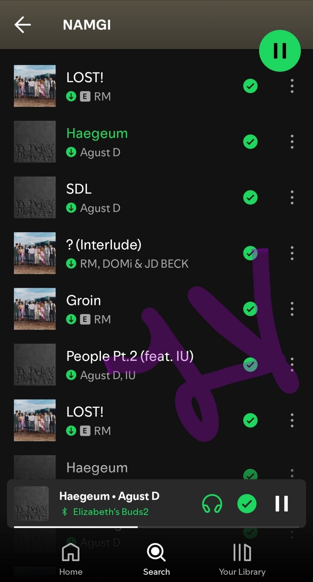 Screengrab from Spotify playlist:
NAMGI
LOST! - (E) RM
HAEGEUM - Agust D [highlighted green]
SDL - Agust D
? (Interlude) - RM, DOMi & JD BECK
Groin - (E) RM
People Pt.2 (feat. IU) - Agust D, IU
LOST! (E) RM
HAEGEUM - Agust D