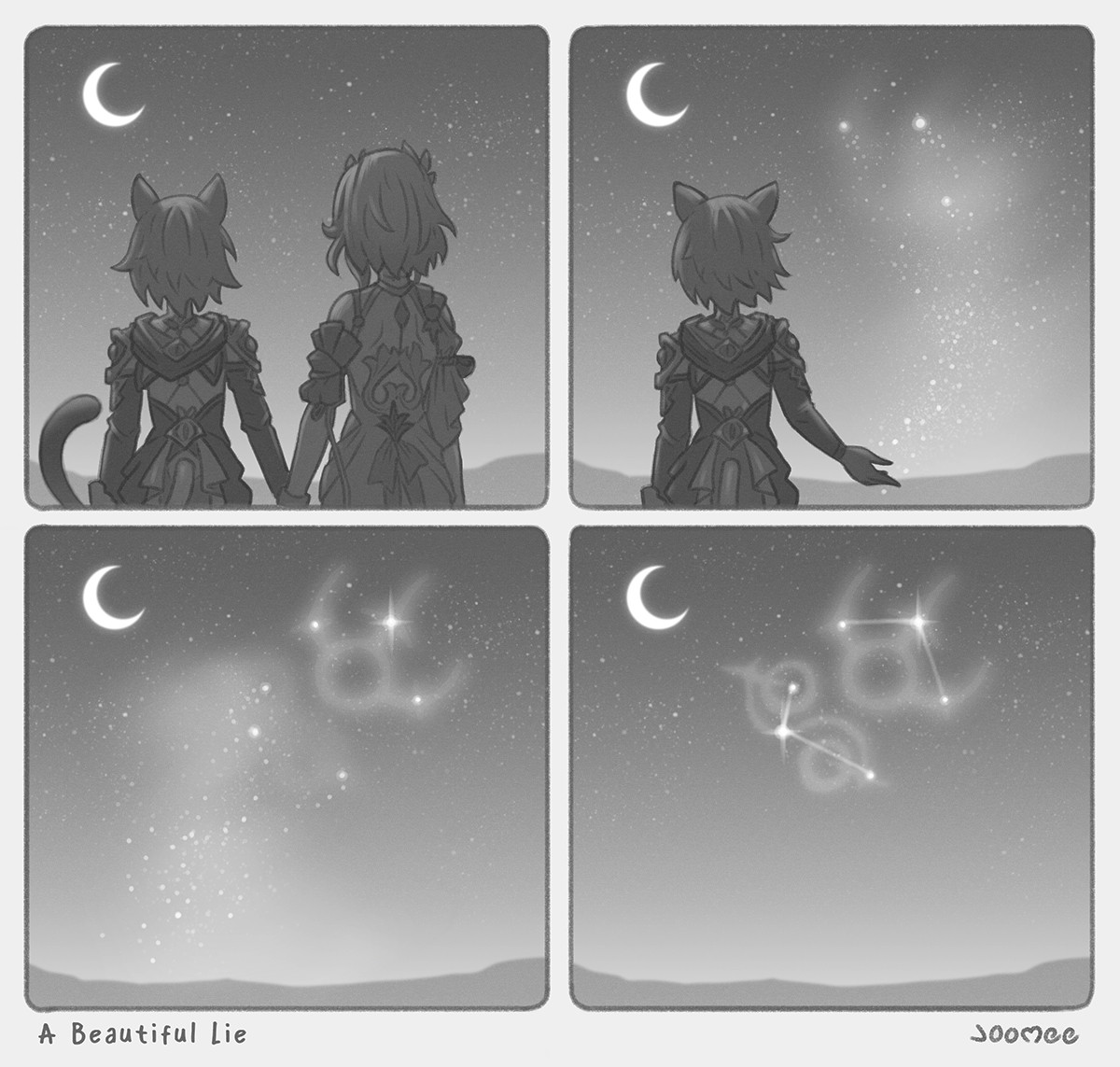 ciphera and aglaea stand holding hands staring up at the night sky as they each fade away into the stars into constellations.