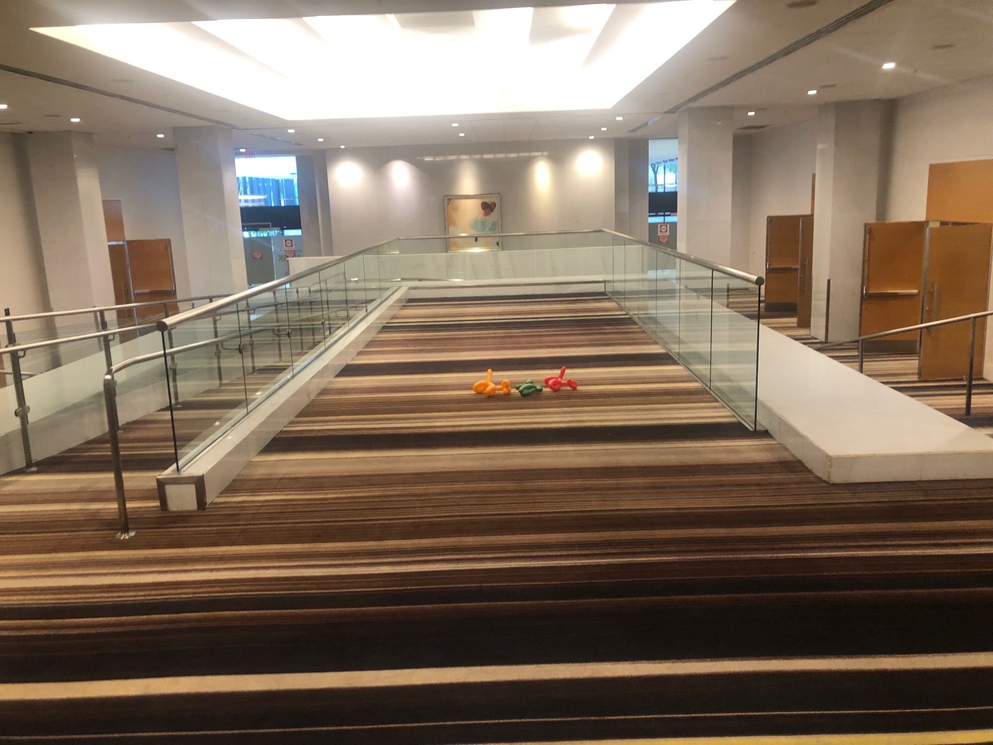 A side room of the Marriott Hotel in Atlanta, where the pool toy party took place at during FWA with 3 balloon animals on the floor