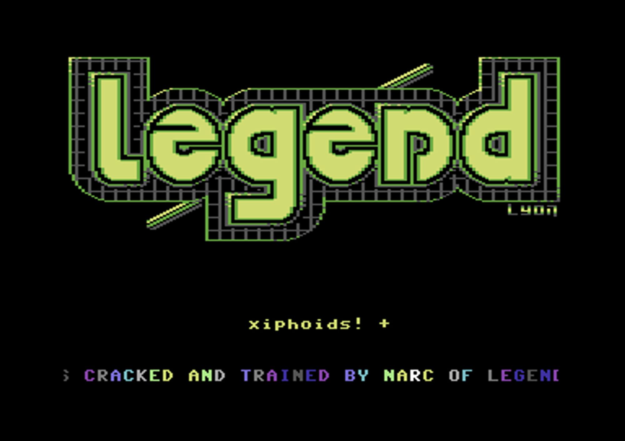 Screenshot of "Xiphoids" - Crack: Legend - Published by Dynafield Systems on Commodore 64 (1991)