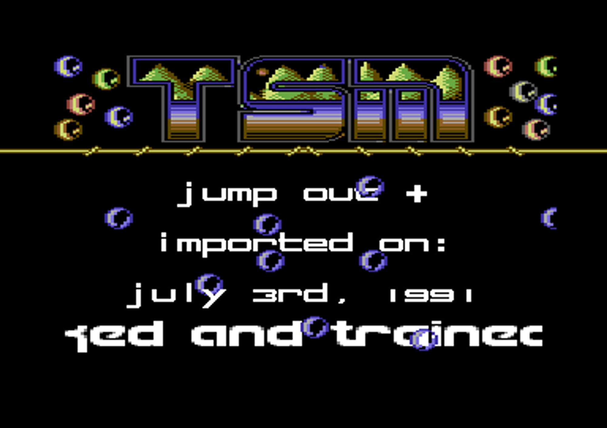 Screenshot of "Jump Out" - Crack: Enigma - Published by Magic Disk 64-CP Verlag on Commodore 64 (1991)