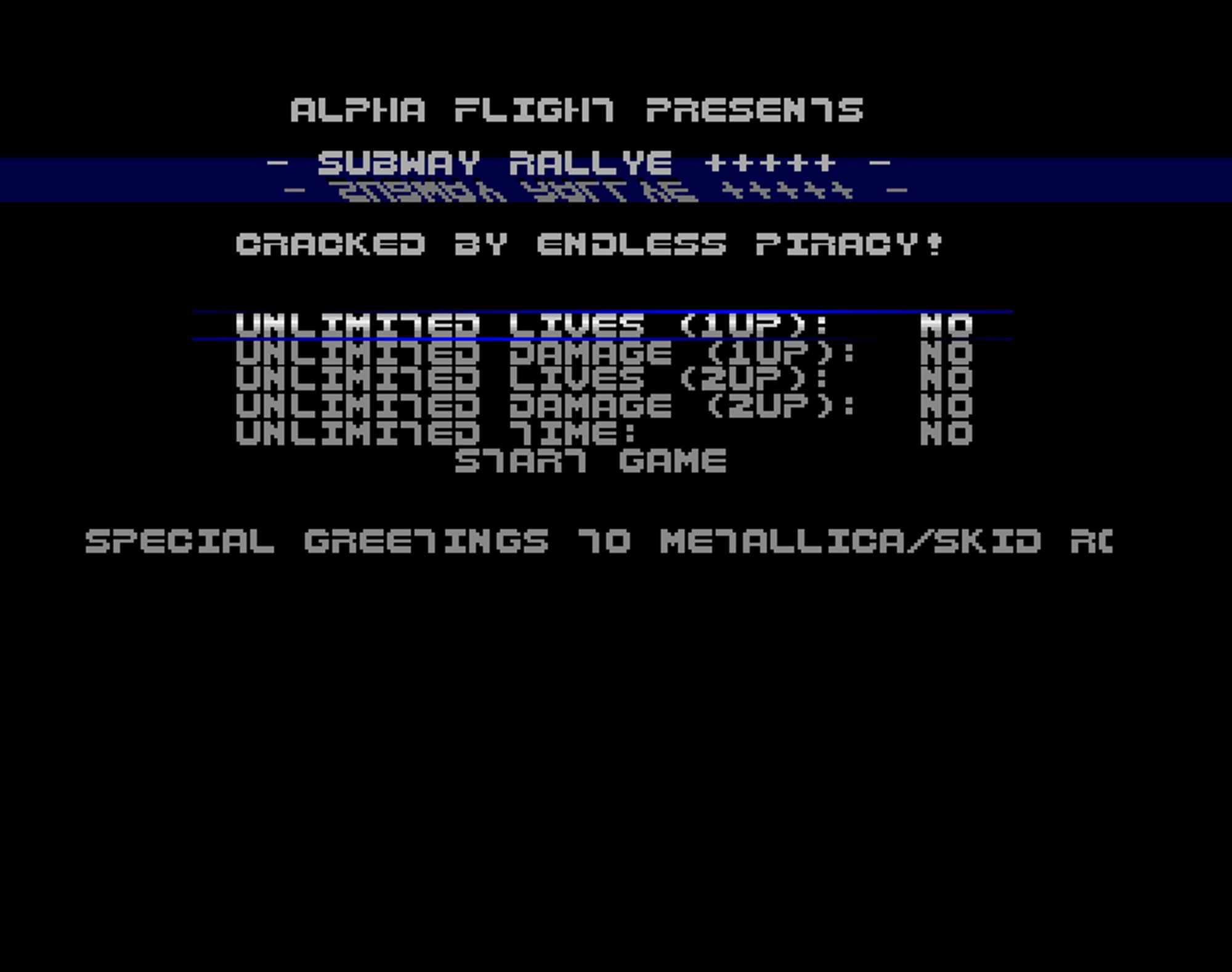 Screenshot of "Sub Rally" - Trainer (+5): Alpha Flight (AFL) - Published by Cyberstyle on Commodore Amiga (1990)