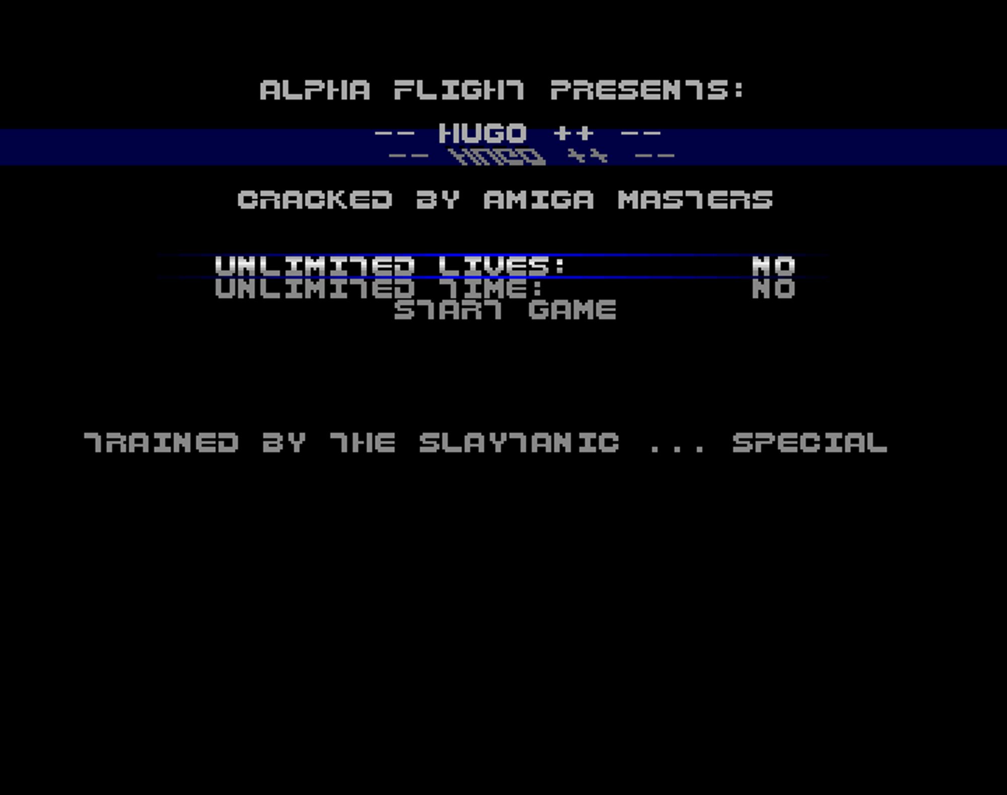 Screenshot of "Skaermtrolden Hugo" - Trainer (+2): Alpha Flight (AFL) - Published by Silverrock on Commodore Amiga (1991)