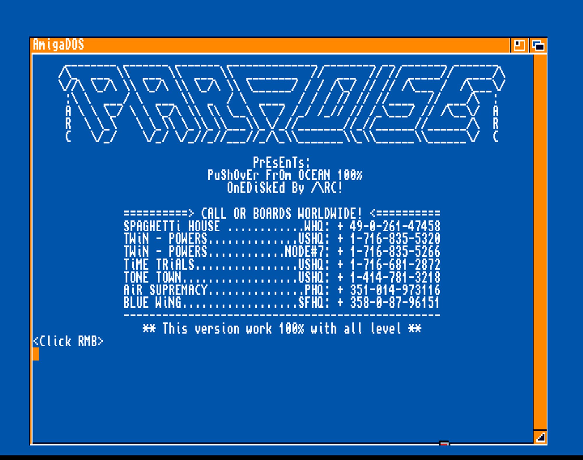 Screenshot of "Push-Over" - Crack: Paradise (PRD) - Published by Ocean on Commodore Amiga (1992)