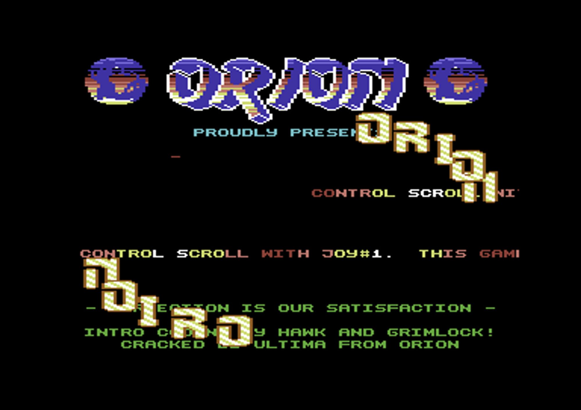 Screenshot of "Zone Z" - Crack: Orion - Trainer: +2 - Published by Starlight Software on Commodore 64 (1987)