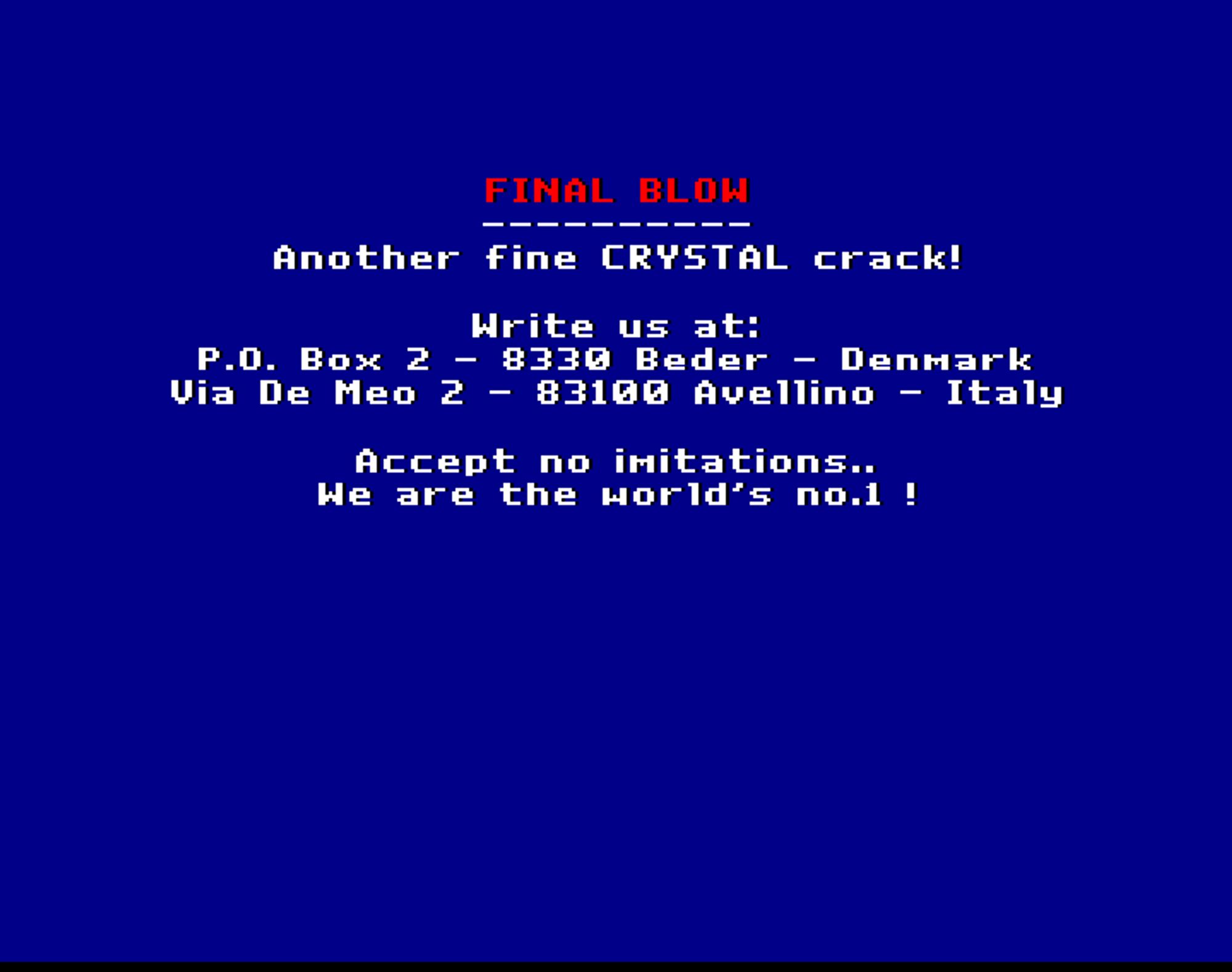 Screenshot of "Final Blow" - Crack: Crystal (CSL) - Published by Storm on Commodore Amiga (1991)