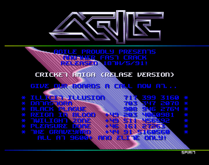 Screenshot of "Cricket Amiga" - Crack: Agile (AGL) - Published by Pactronics on Commodore Amiga (1991)