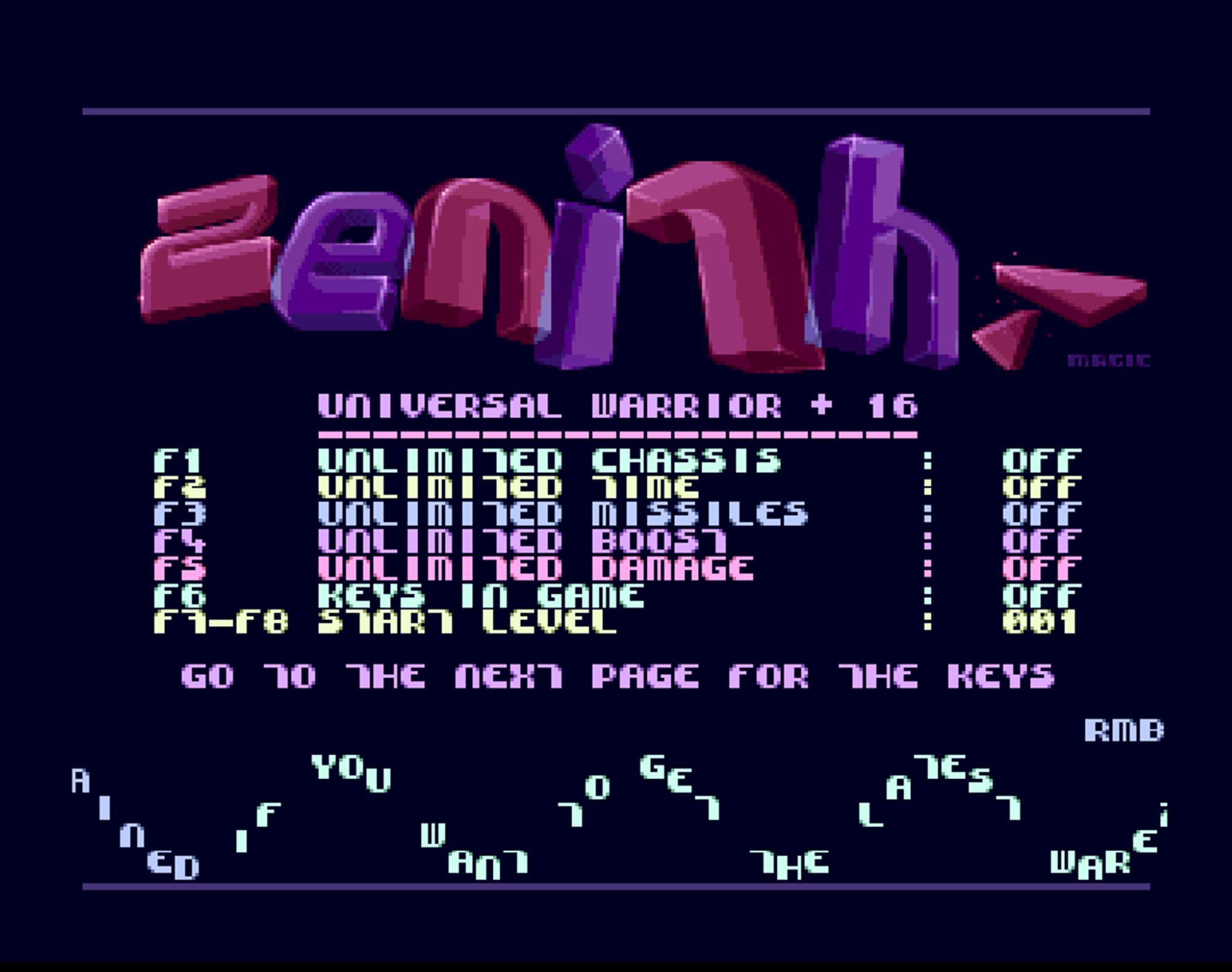 Screenshot of "Universal Warrior" - Trainer (+16): Zenith (ZNT) - Published by Zeppelin on Commodore Amiga (1993)