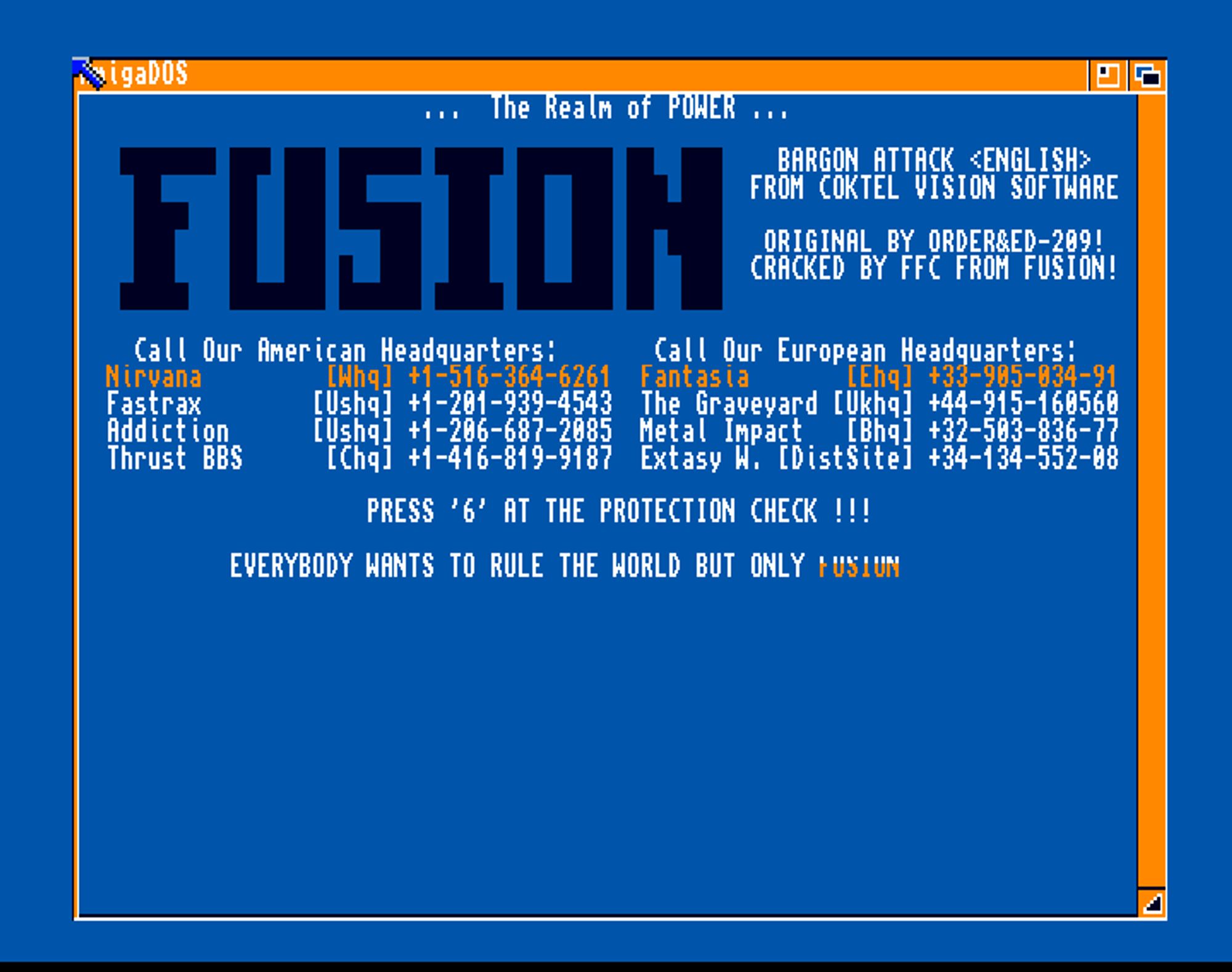 Screenshot of "Bargon Attack" - Crack: Fusion (FSN) - Published by Coktel Vision on Commodore Amiga (1992)