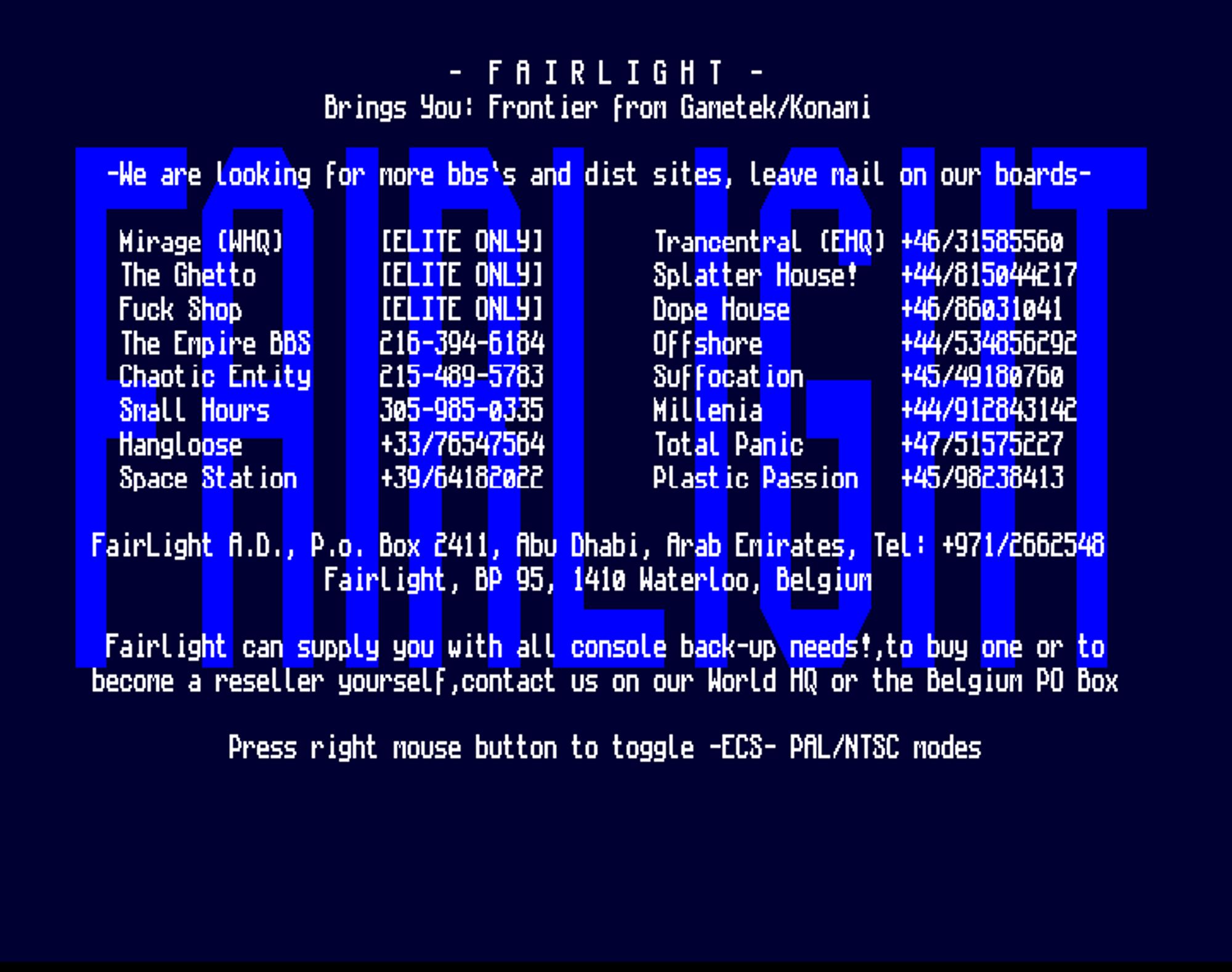 Screenshot of "Frontier - Elite II" - Crack: Fairlight (FLT) - Published by Gametek on Commodore Amiga (1993)