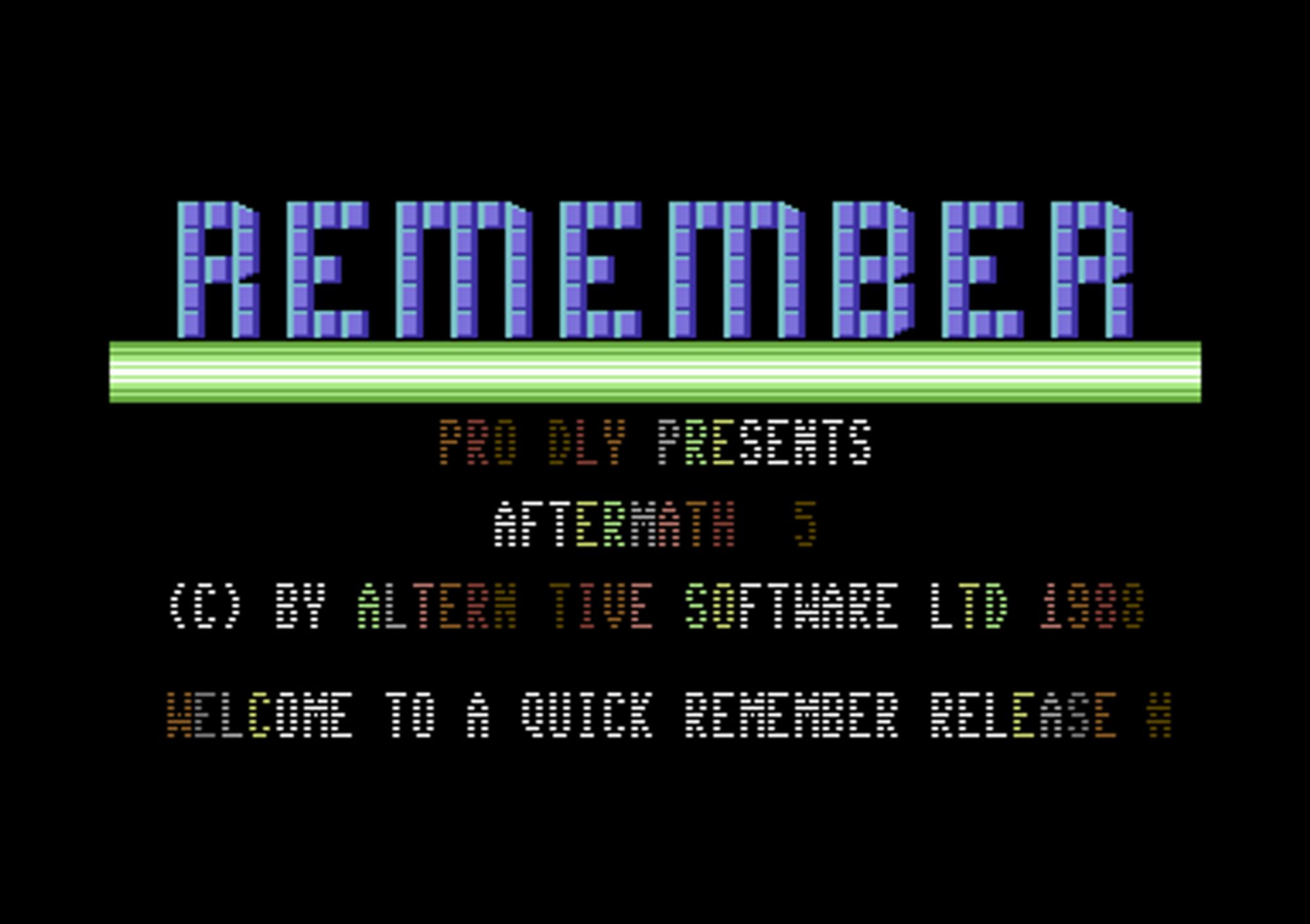 Screenshot of "Aftermath" - Crack: Remember (REM) - Published by Alternative Software on Commodore 64 (1988)