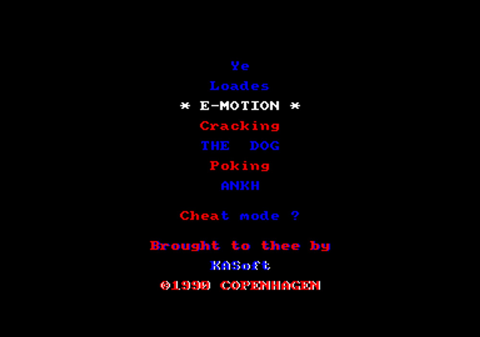 Screenshot of "E-Motion" - Crack: The Dog - Trainer: Ankh - Published by KASoft on Amstrad CPC (1990)