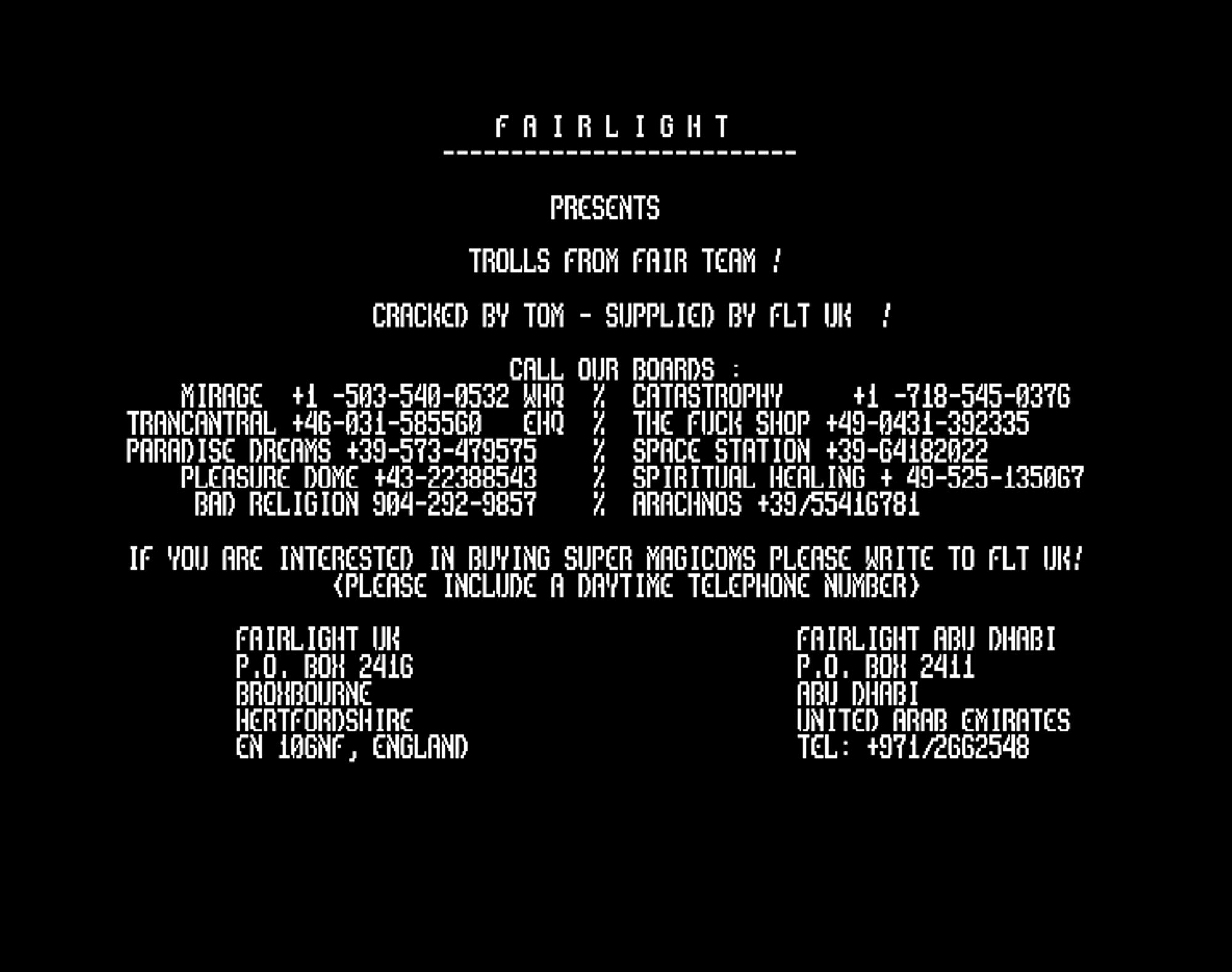 Screenshot of "Trolls" - Crack: Fairlight (FLT) - Published by Flair on Commodore Amiga (1992)