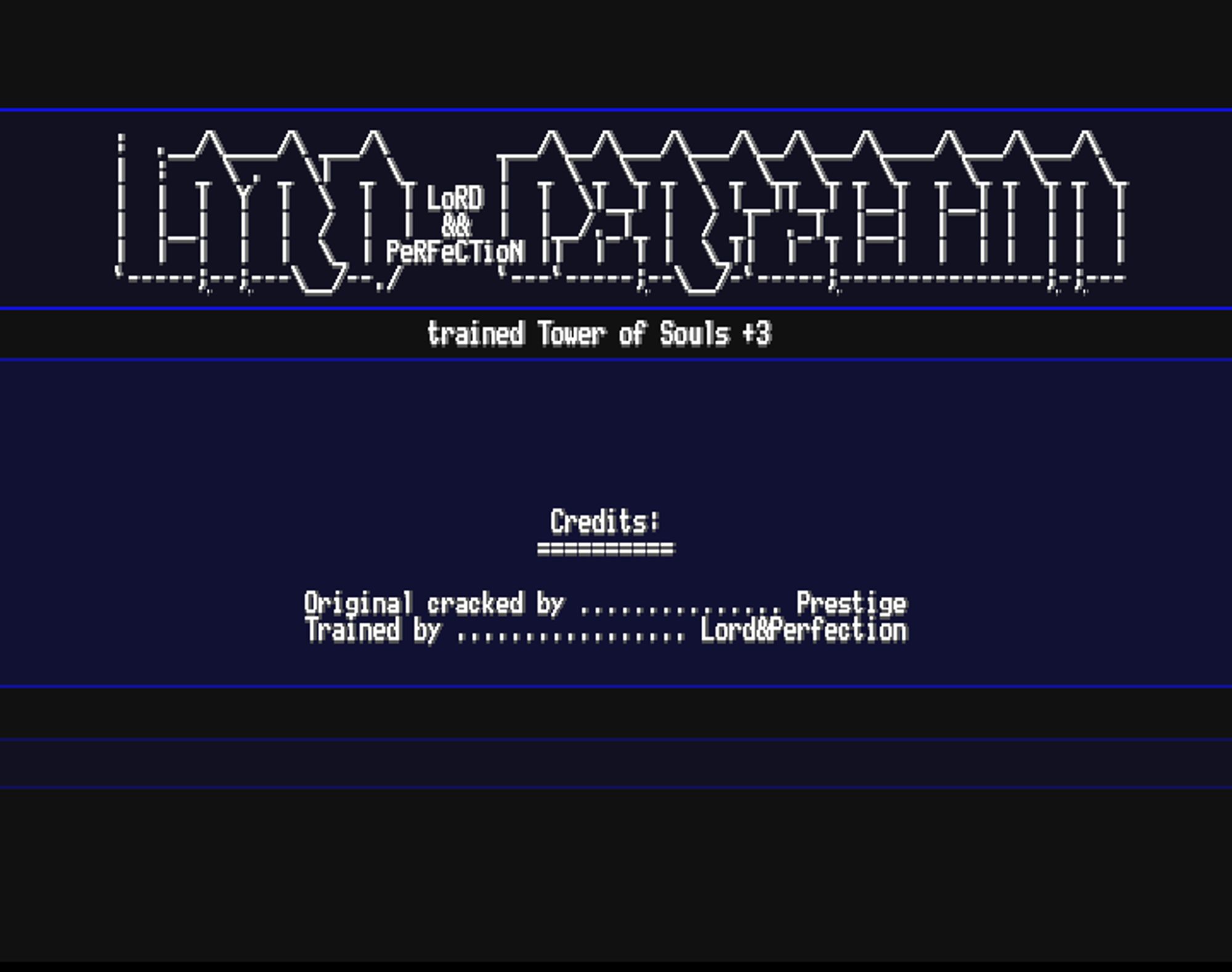 Screenshot of "Tower of Souls" - Trainer (+3): Lord And Perfection - Published by Black Legend on Commodore Amiga (1995)