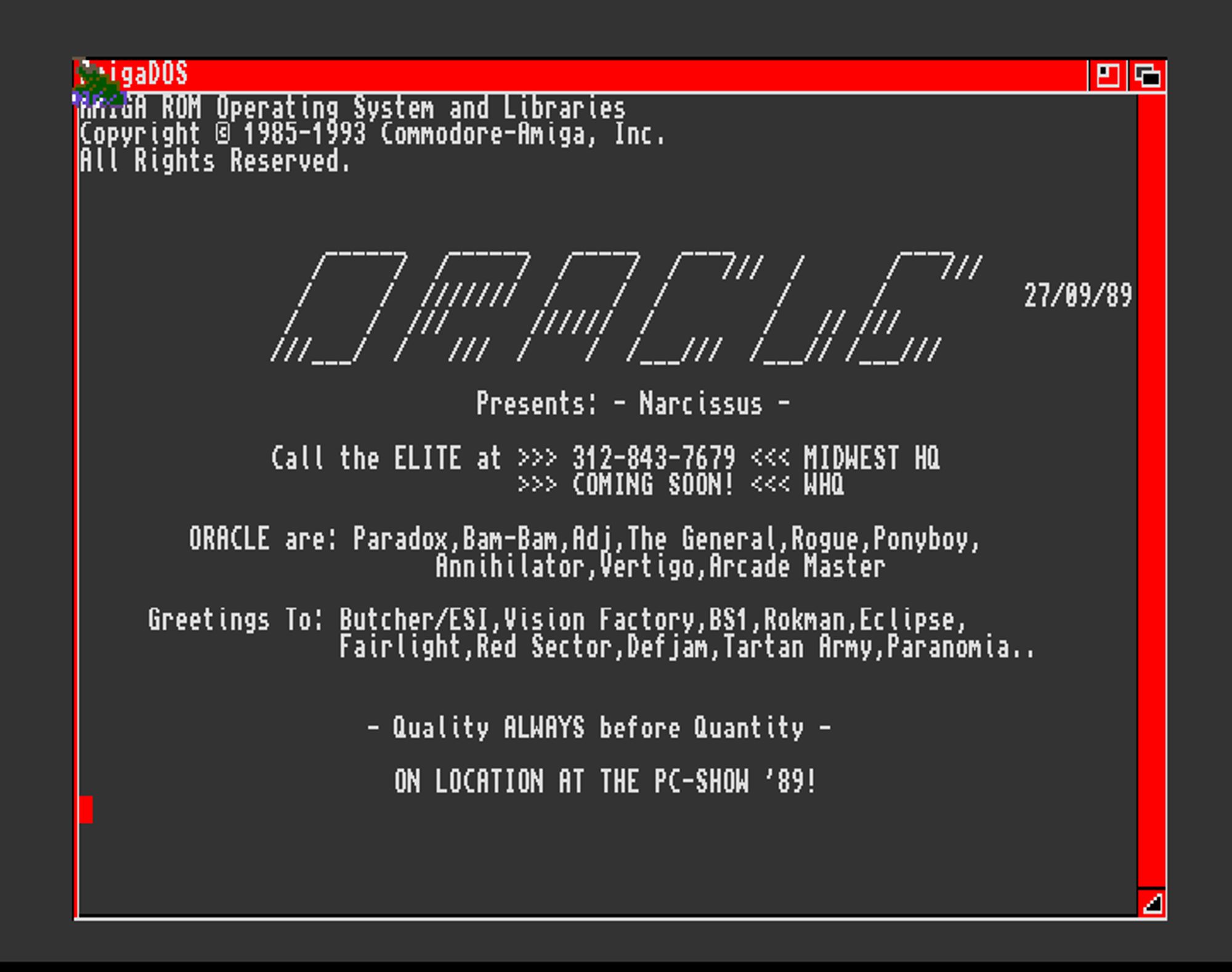 Screenshot of "Narcissus" - Crack: Oracle (OCL) - Published by Light Source on Commodore Amiga (1989)