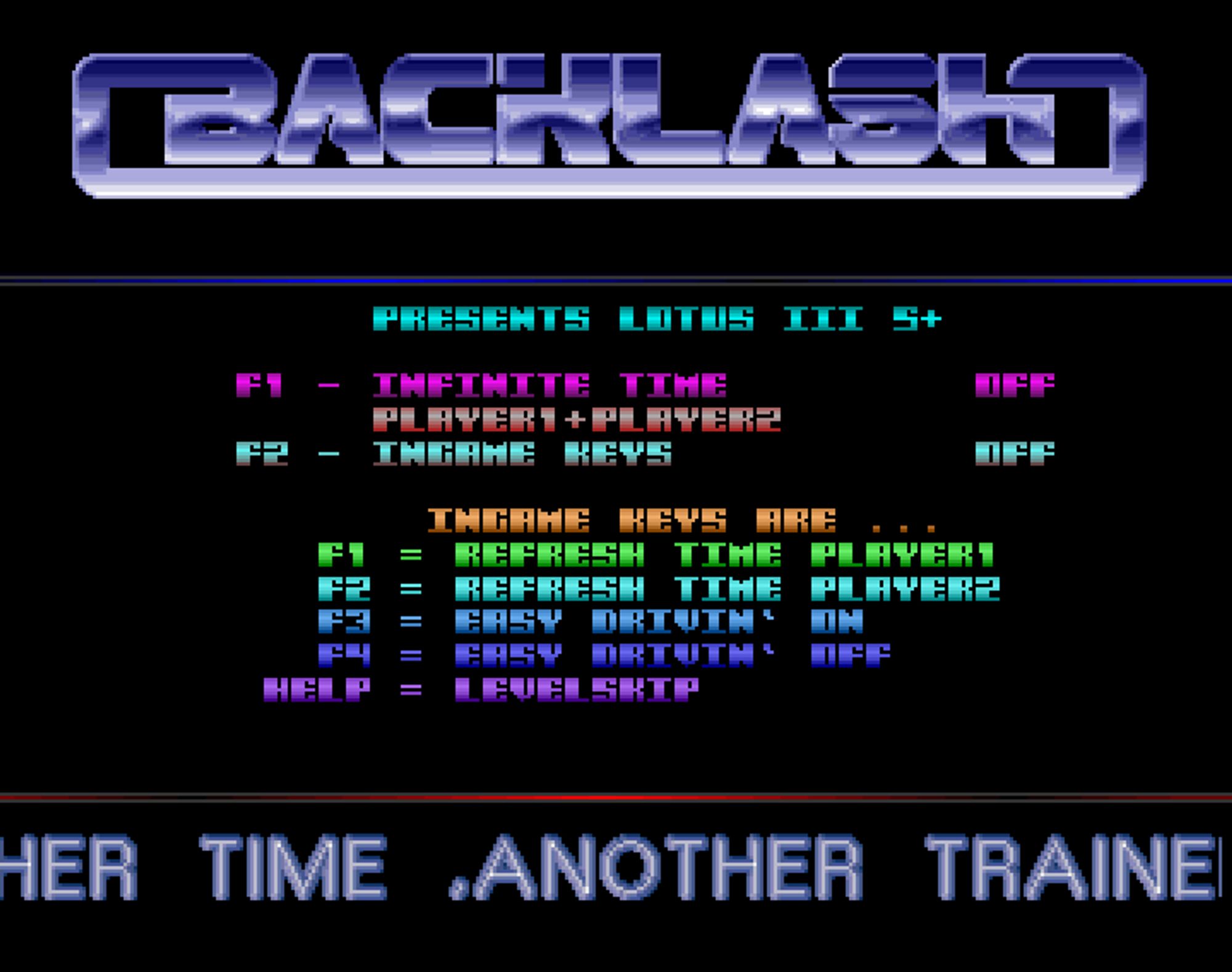 Screenshot of "Lotus III - The Ultimate Challenge" - Crack: Fairlight (FLT) & Crack Inc - Trainer (+5): Backlash - Published by Gremlin on Commodore Amiga (1992)