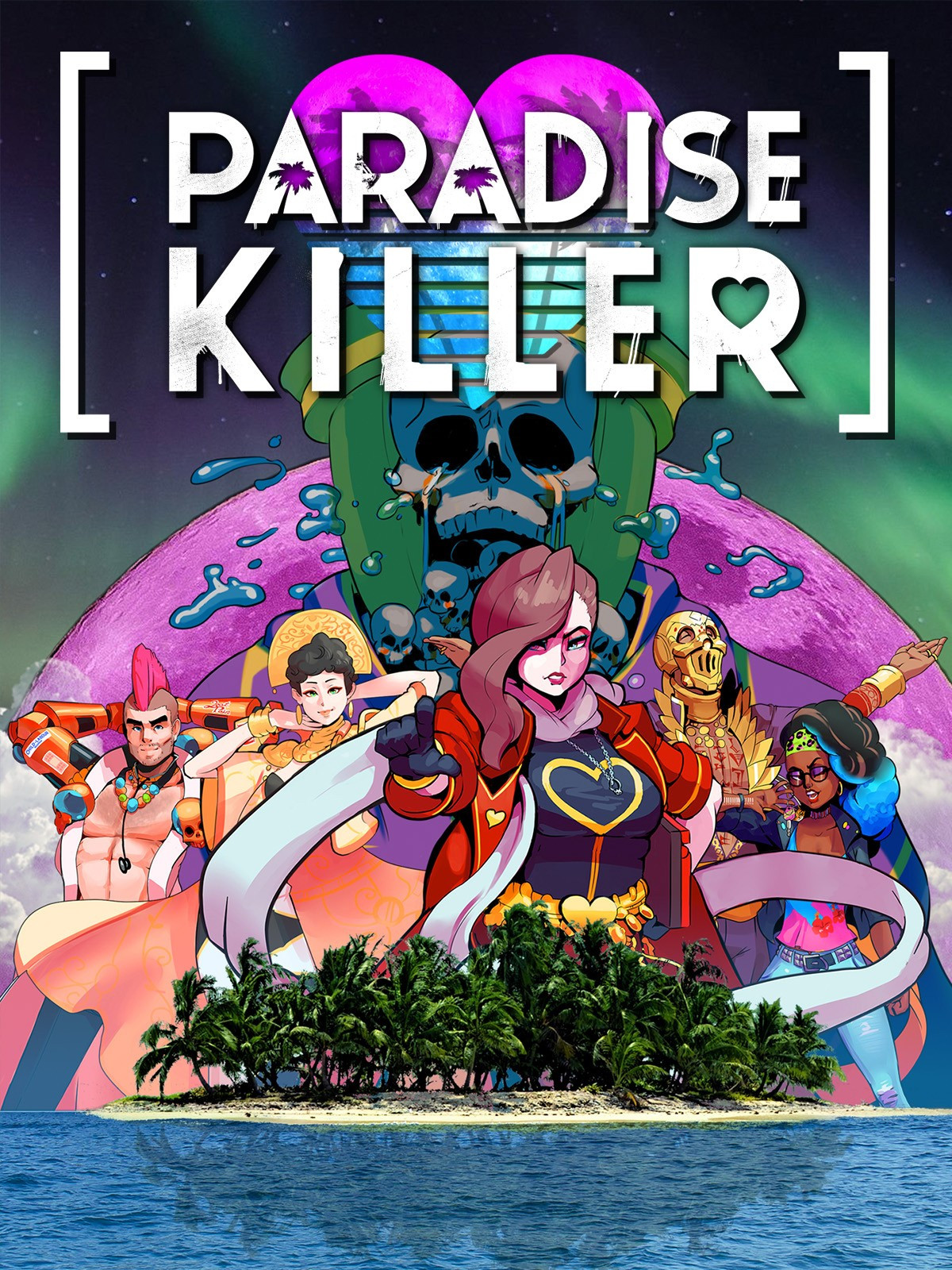 Cover for Paradise Killer. A group of weirdos on an island with a big skull in the background.