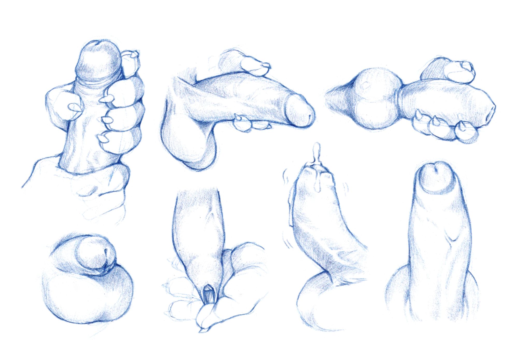 An assortment of penises, some being stroked by hands. Art