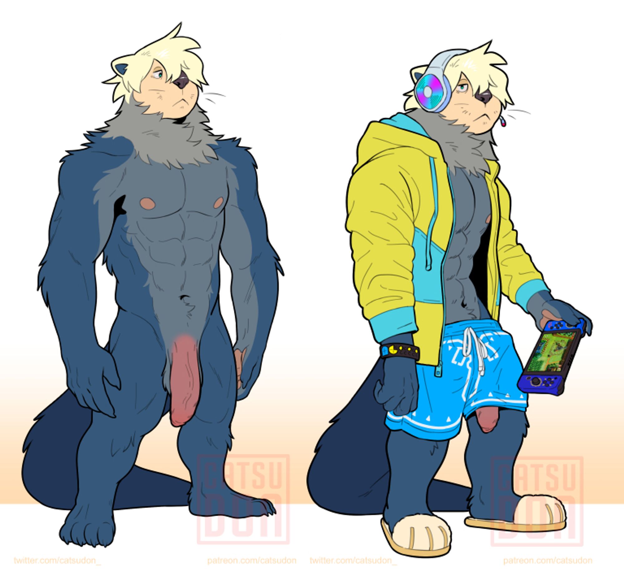 Character sheet of my OC. Full body on the left is nude while right is clothed in yellow/cyan jacket, pac-man lego bracelet, Breath of the Wild shorts, a headset, and holding a Zelda edition Nintendo Switch with the Zelda Link's Awakening remake on it. Art